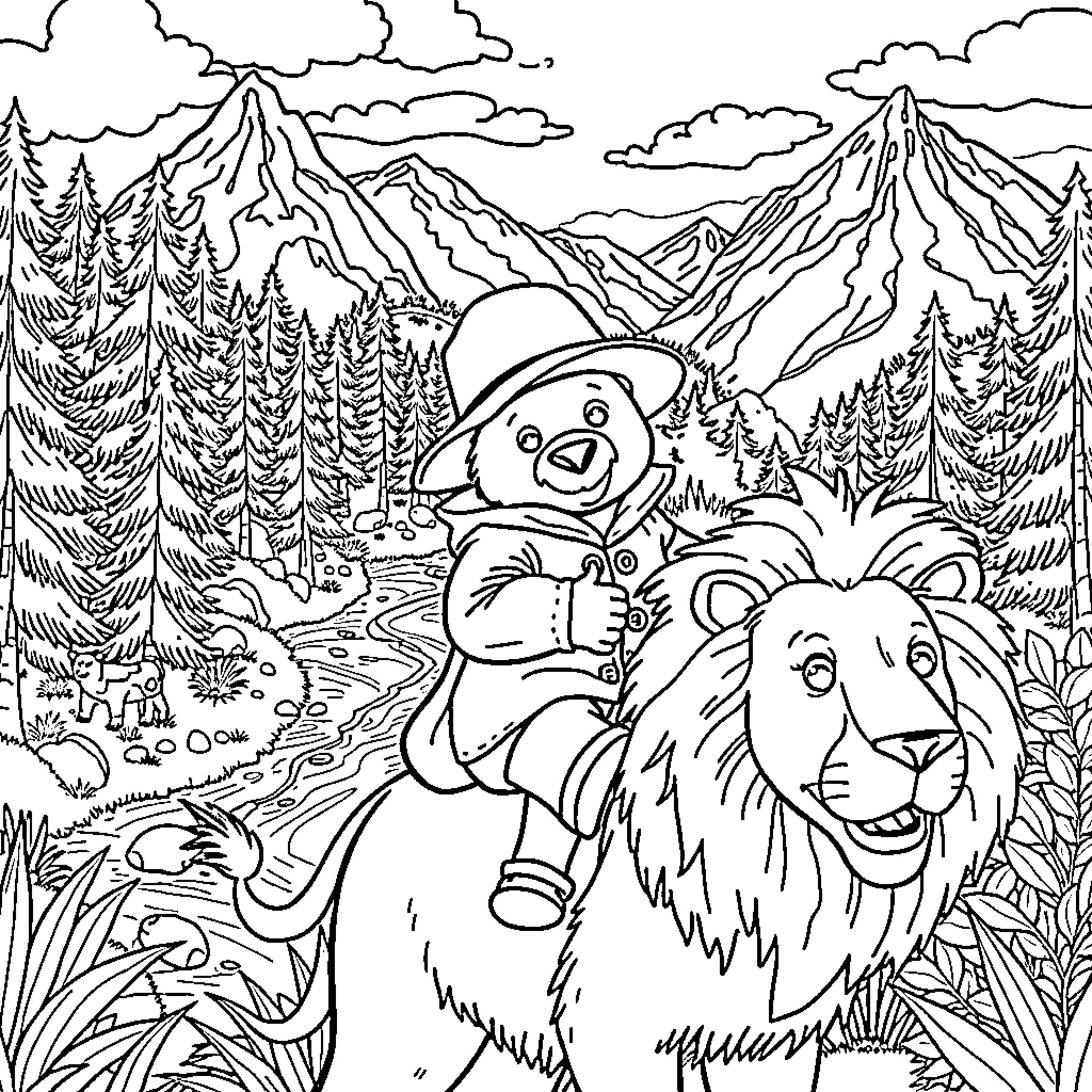 Paddington Bear exploring the mountains with a friendly lion Coloring Page (free black-and-white line drawing printable PDF for all, from beginners to advanced learners, including children, teens, adults, and seniors)