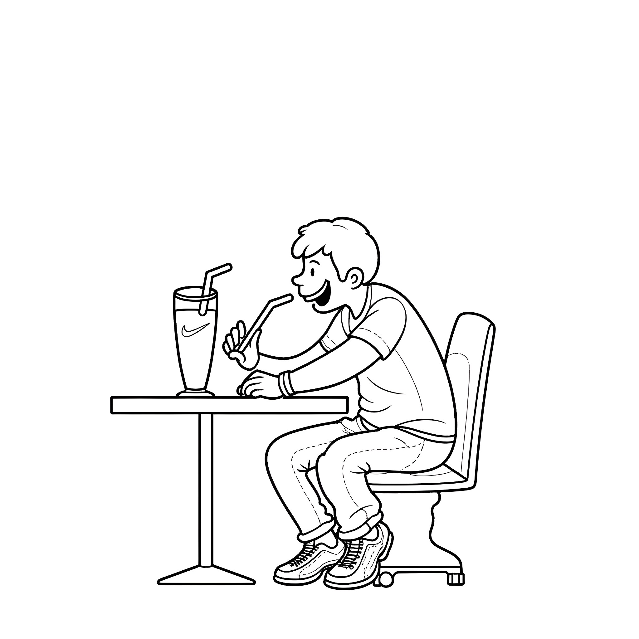 Sneaker-clad young person enjoying a drink Coloring Page (free black-and-white line drawing printable PDF for all, from beginners to advanced learners, including children, teens, adults, and seniors)