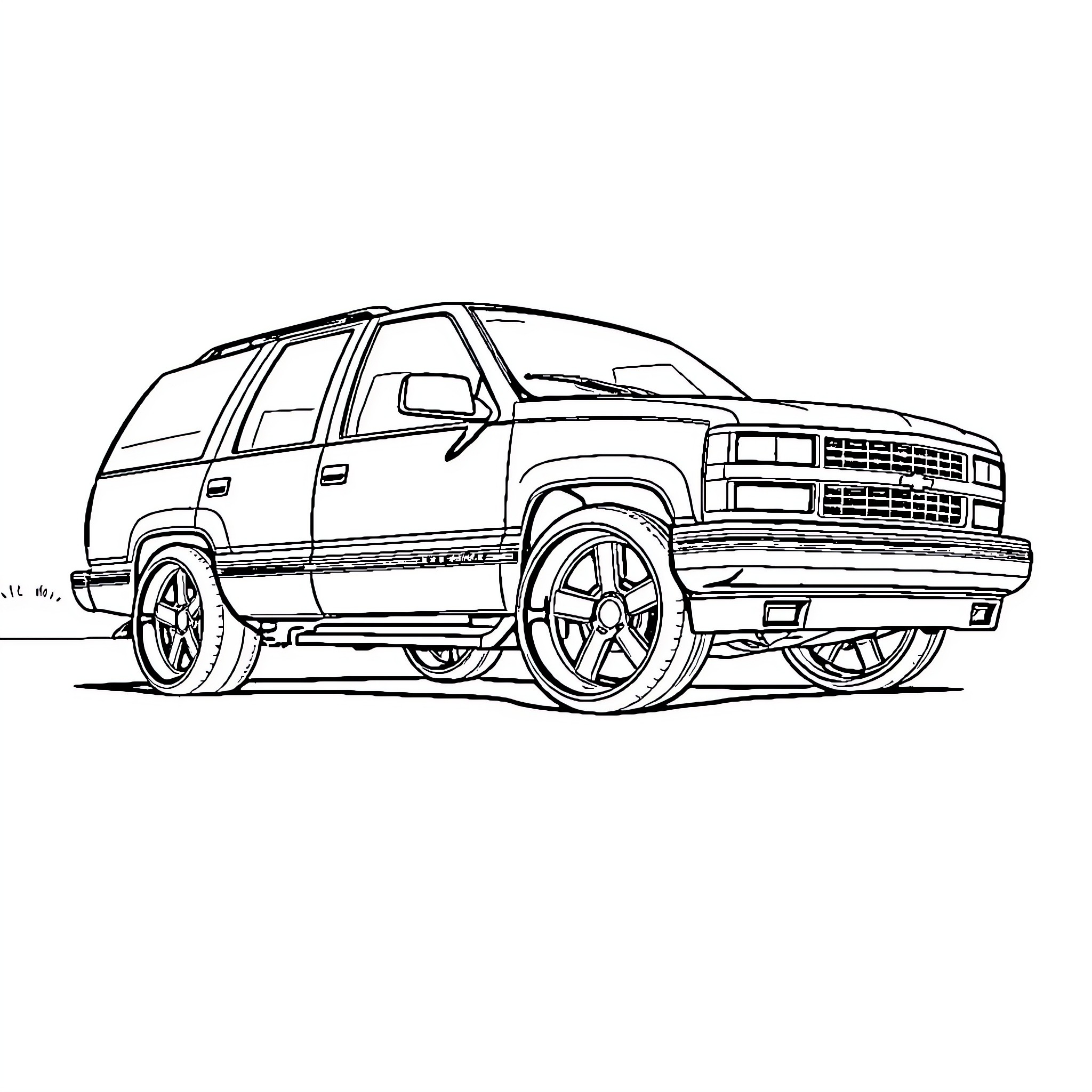 Tahoe SUV with rugged wheels and bold design Coloring Page (free black-and-white line drawing printable PDF for all, from beginners to advanced learners, including children, teens, adults, and seniors)