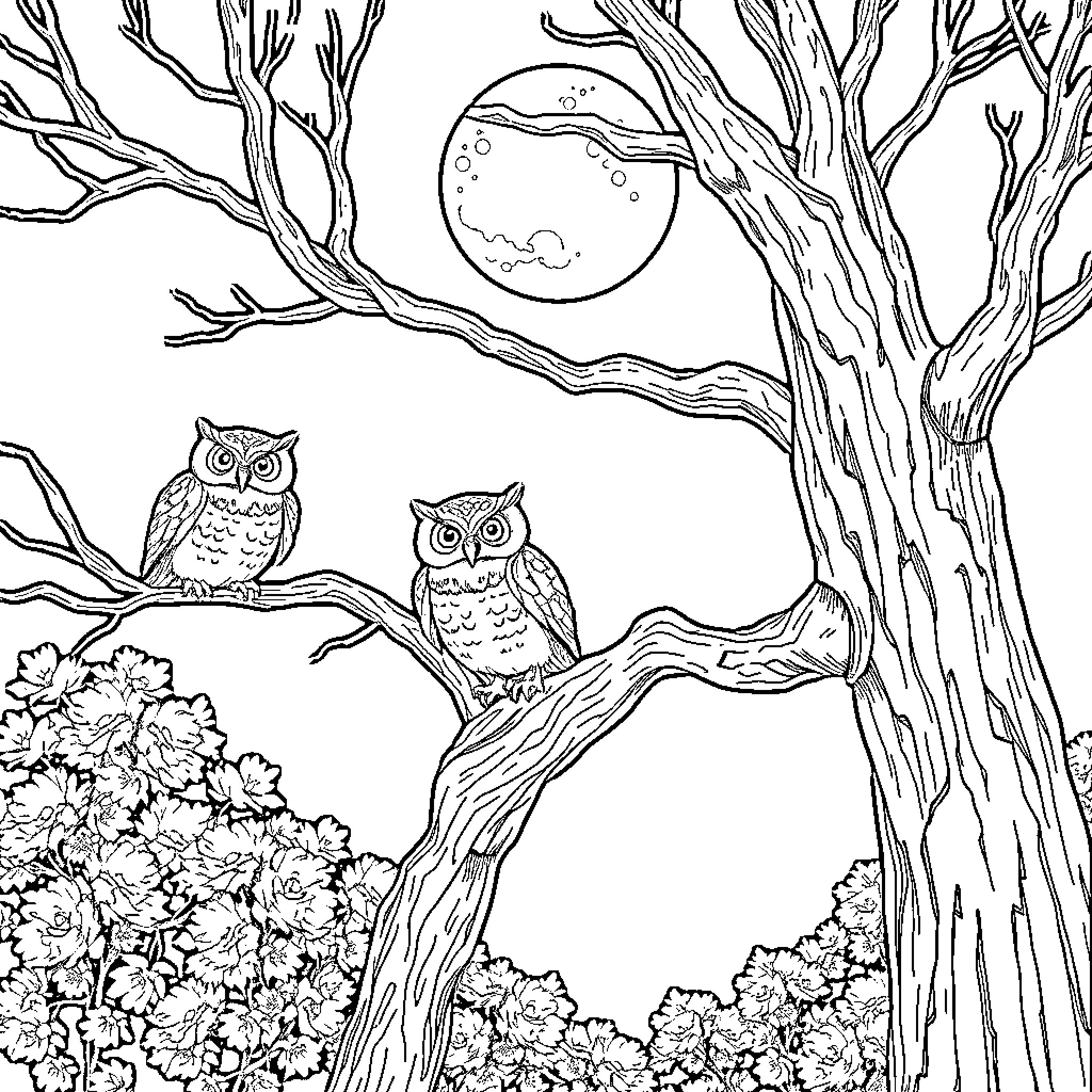 Owl Pair Perched on Tree Branches Under Moon Coloring Page (free black-and-white line drawing printable PDF for all, from beginners to advanced learners, including children, teens, adults, and seniors)