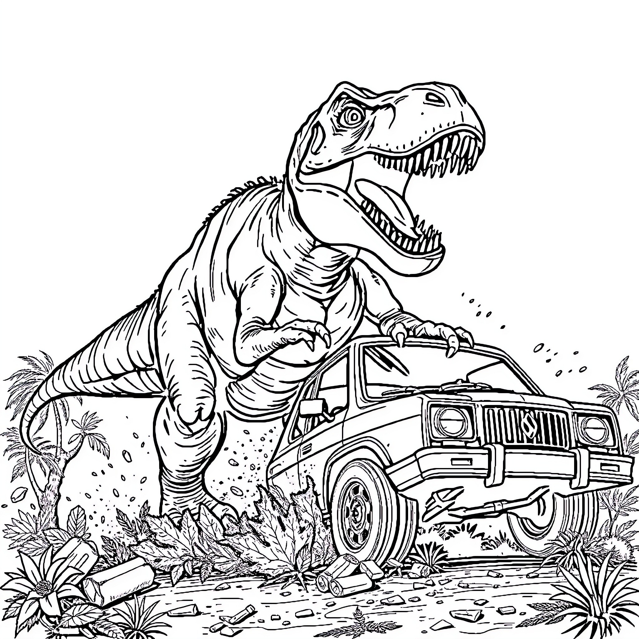 Tyrannosaurus chases off-road vehicle in jungle Coloring Page (free black-and-white line drawing printable PDF for all, from beginners to advanced learners, including children, teens, adults, and seniors)