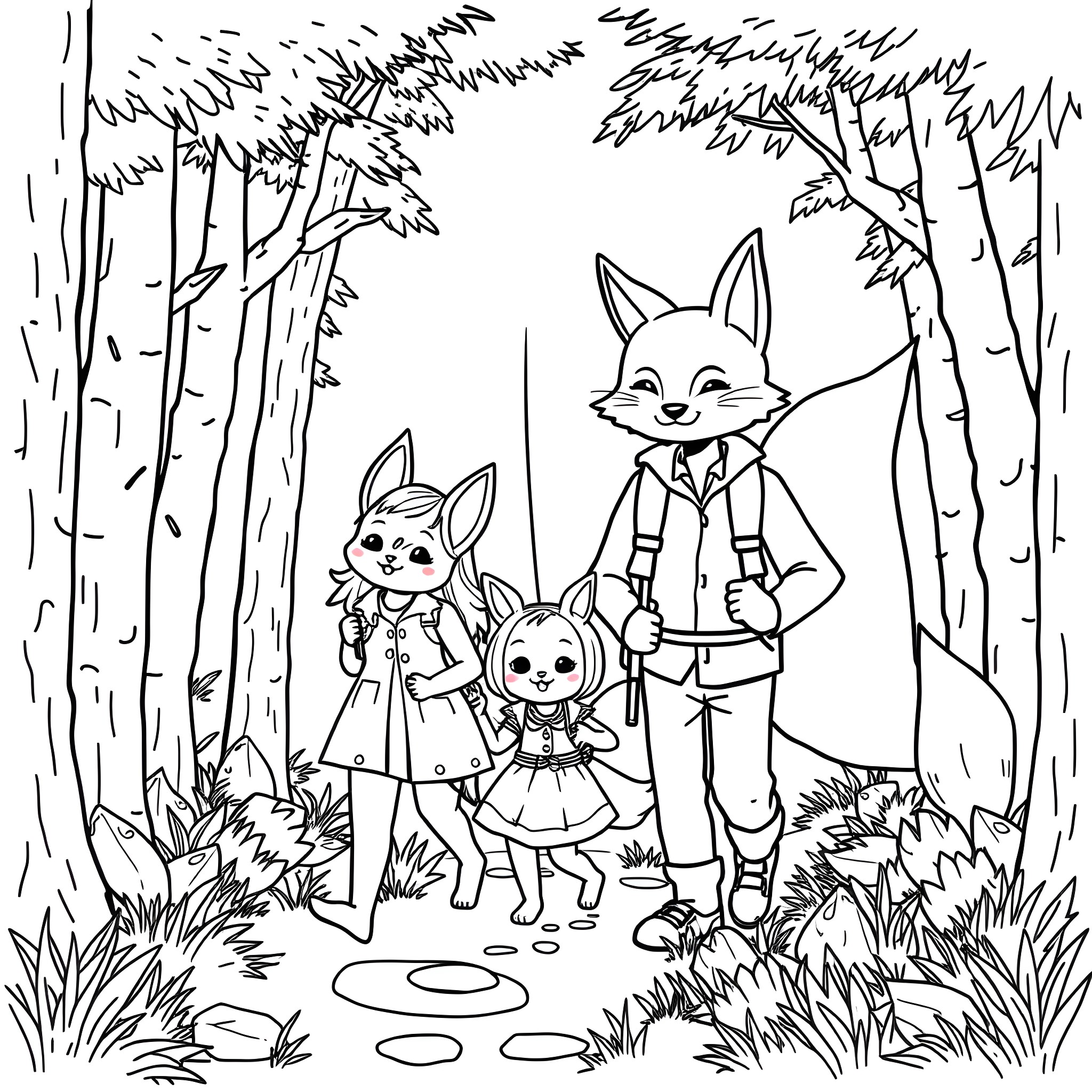 Bunny family exploring the forest Coloring Page (free black-and-white line drawing printable PDF for all, from beginners to advanced learners, including children, teens, adults, and seniors)