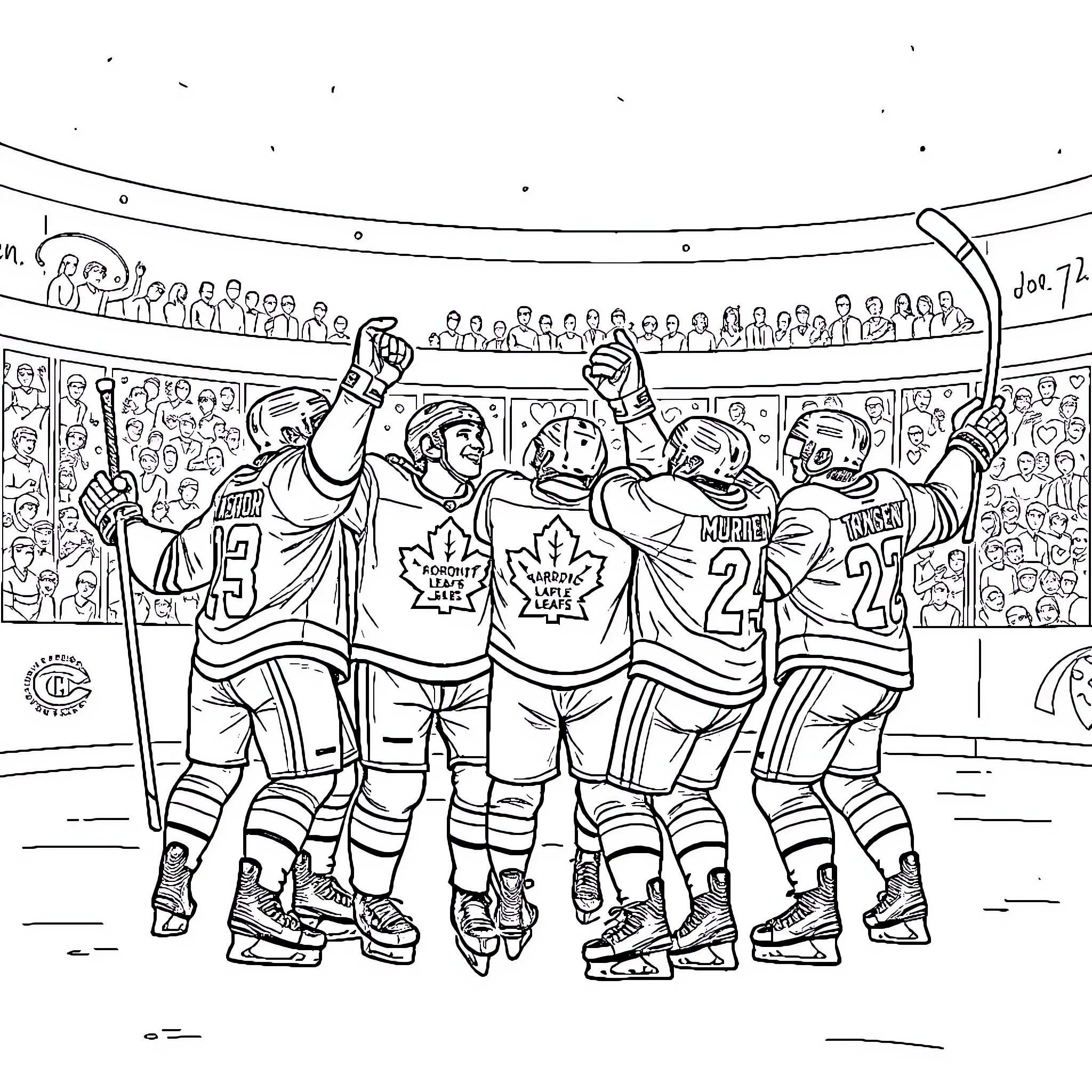 Toronto Maple Leafs players celebrating victory on the ice Coloring Page (free black-and-white line drawing printable PDF for all, from beginners to advanced learners, including children, teens, adults, and seniors)