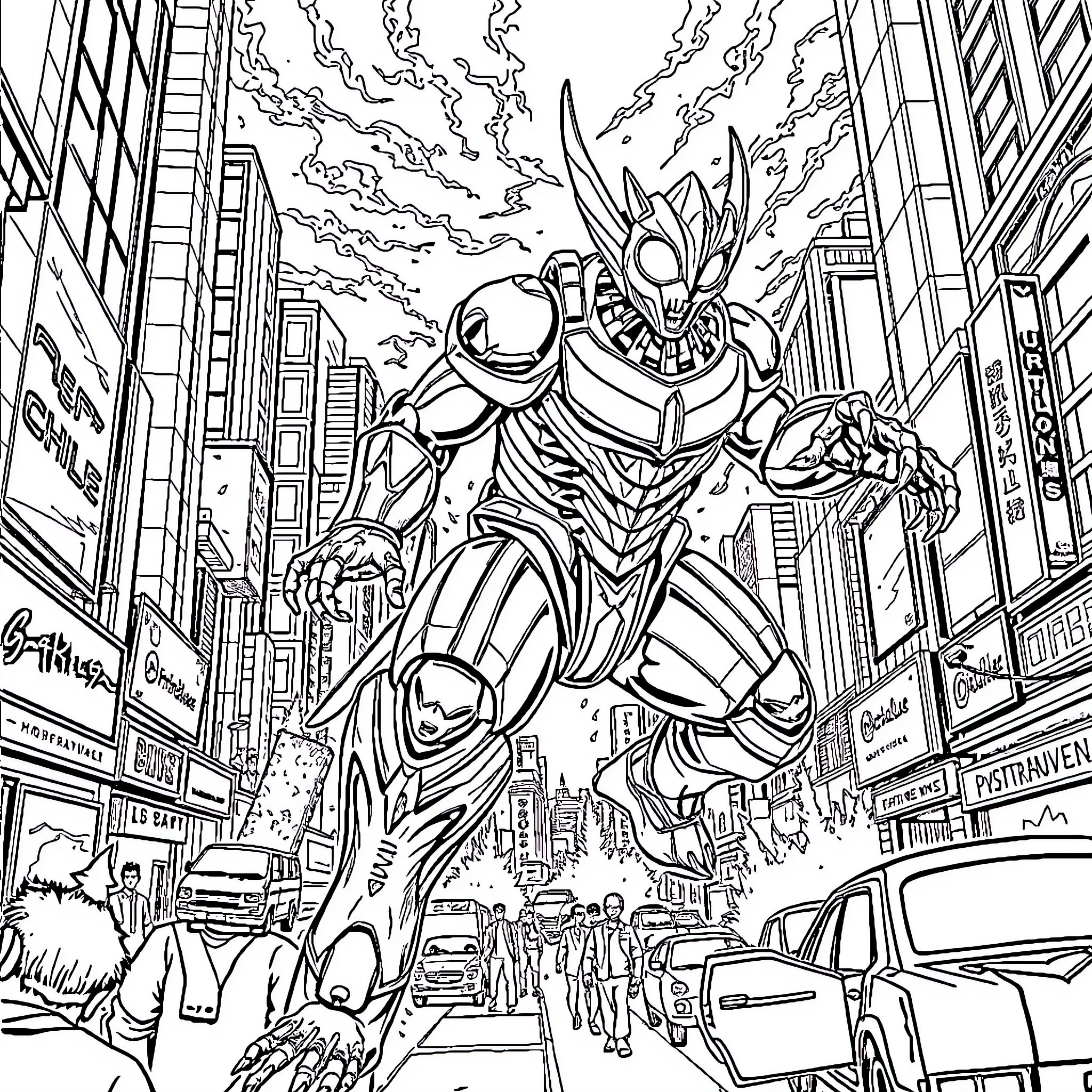 Ultraman battles giant monster in city Coloring Page (free black-and-white line drawing printable PDF for all, from beginners to advanced learners, including children, teens, adults, and seniors)