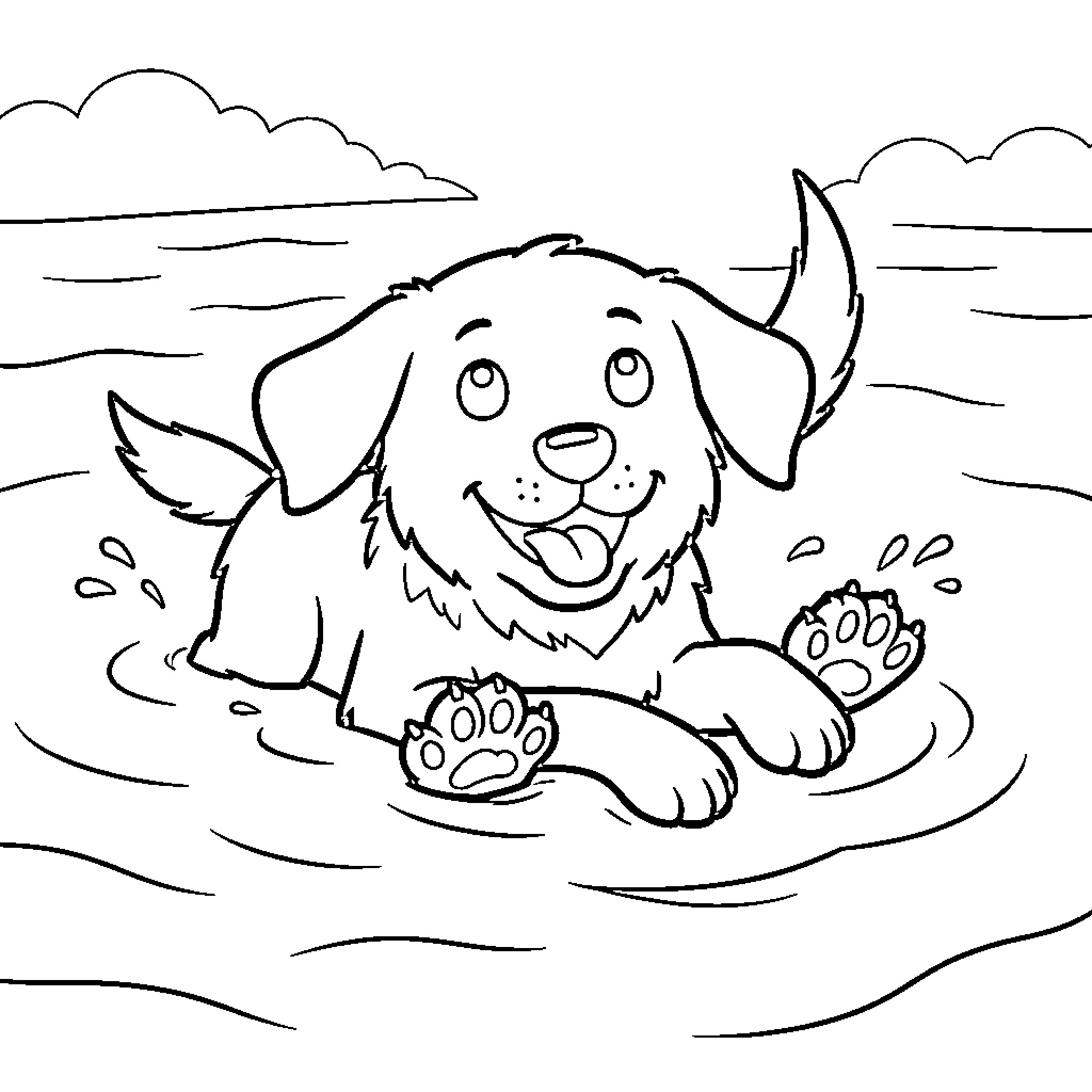Dog running joyfully through the sand Coloring Page (free black-and-white line drawing printable PDF for all, from beginners to advanced learners, including children, teens, adults, and seniors)