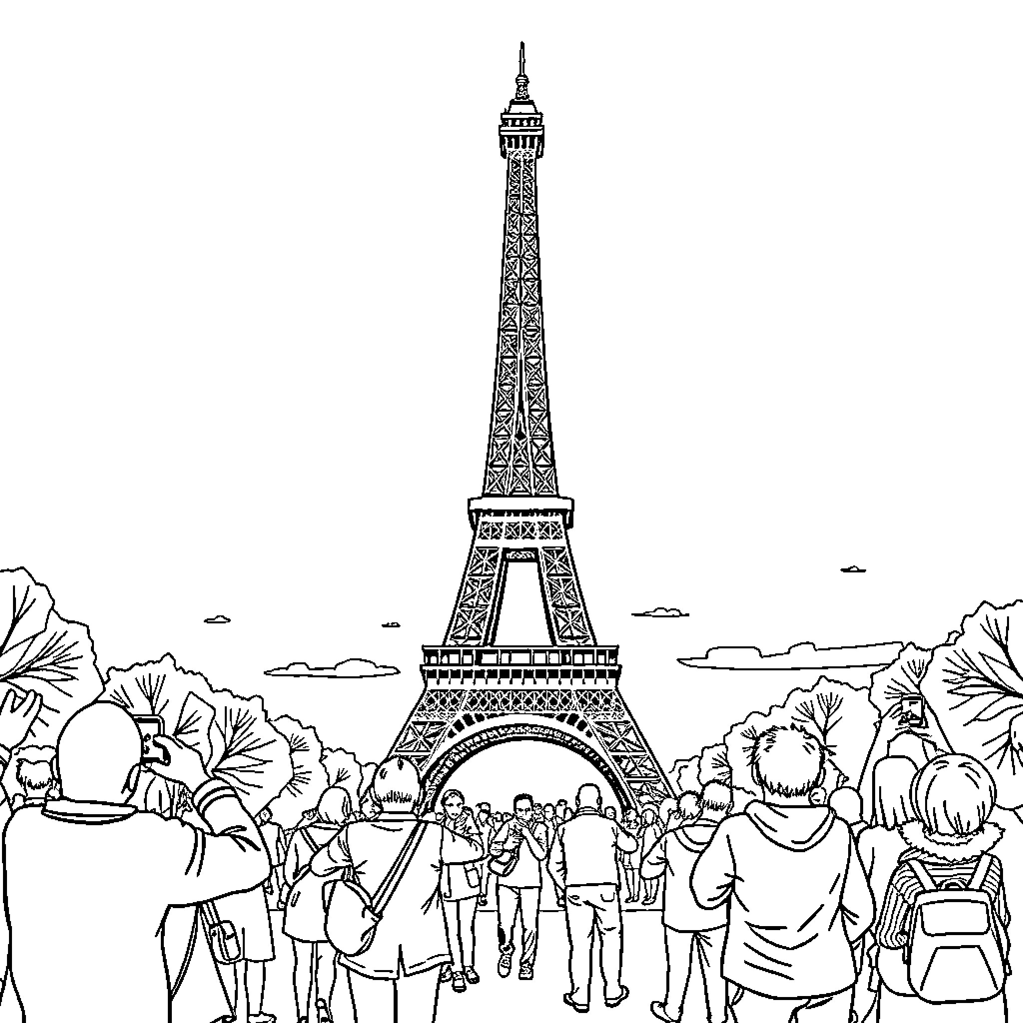 Eiffel Tower surrounded by visitors in Paris Coloring Page (free black-and-white line drawing printable PDF for all, from beginners to advanced learners, including children, teens, adults, and seniors)