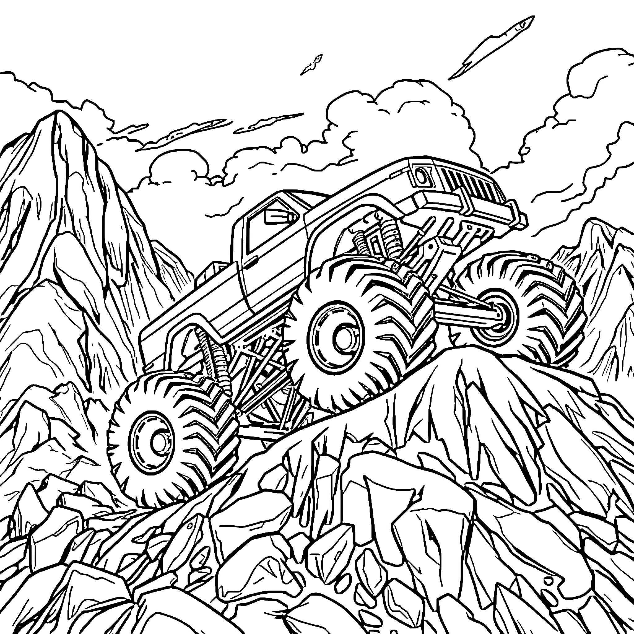 Monster Truck Tackling Rugged Terrain in the Mountains Coloring Page (free black-and-white line drawing printable PDF for all, from beginners to advanced learners, including children, teens, adults, and seniors)