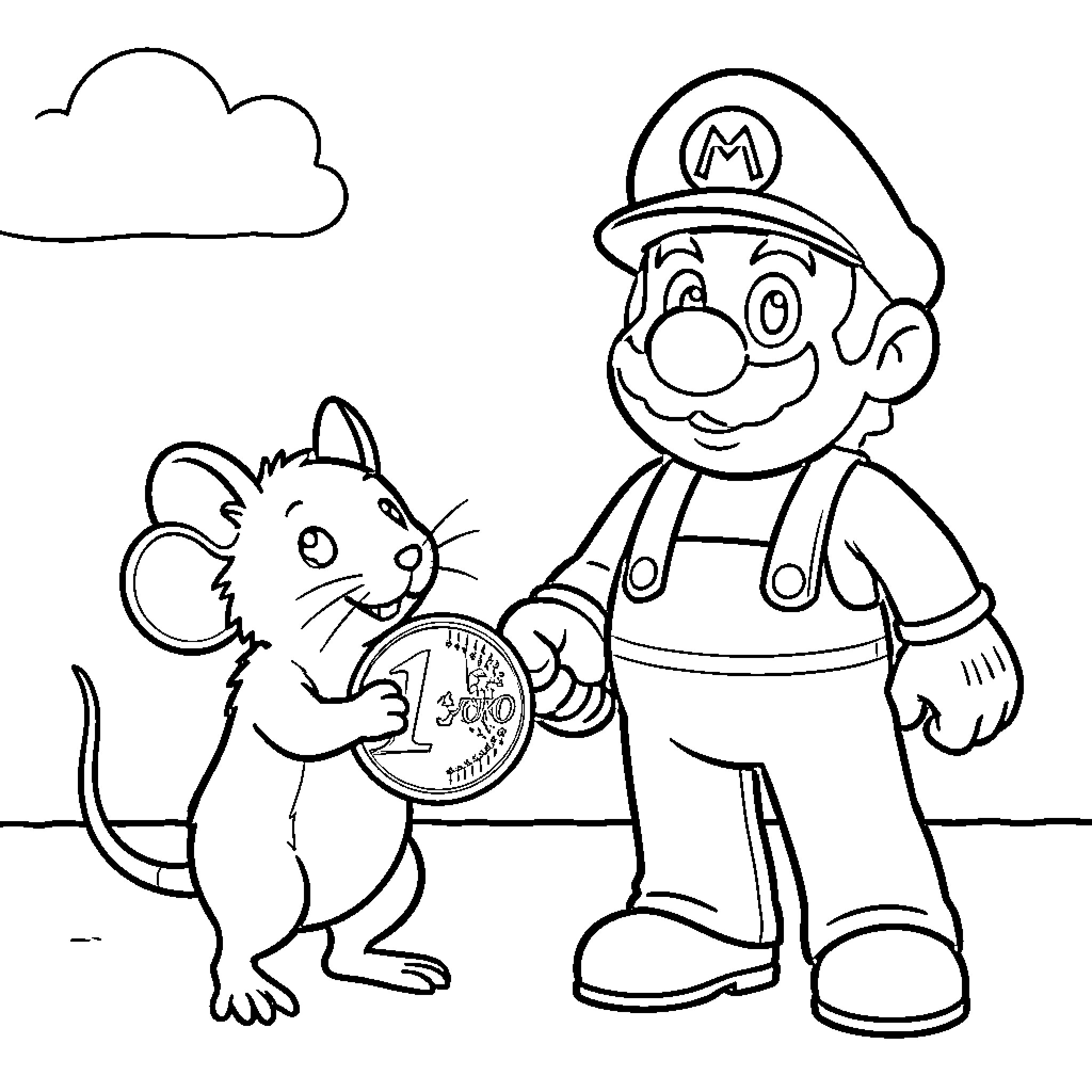 Mouse handing a large coin to Mario Coloring Page (free black-and-white line drawing printable PDF for all, from beginners to advanced learners, including children, teens, adults, and seniors)