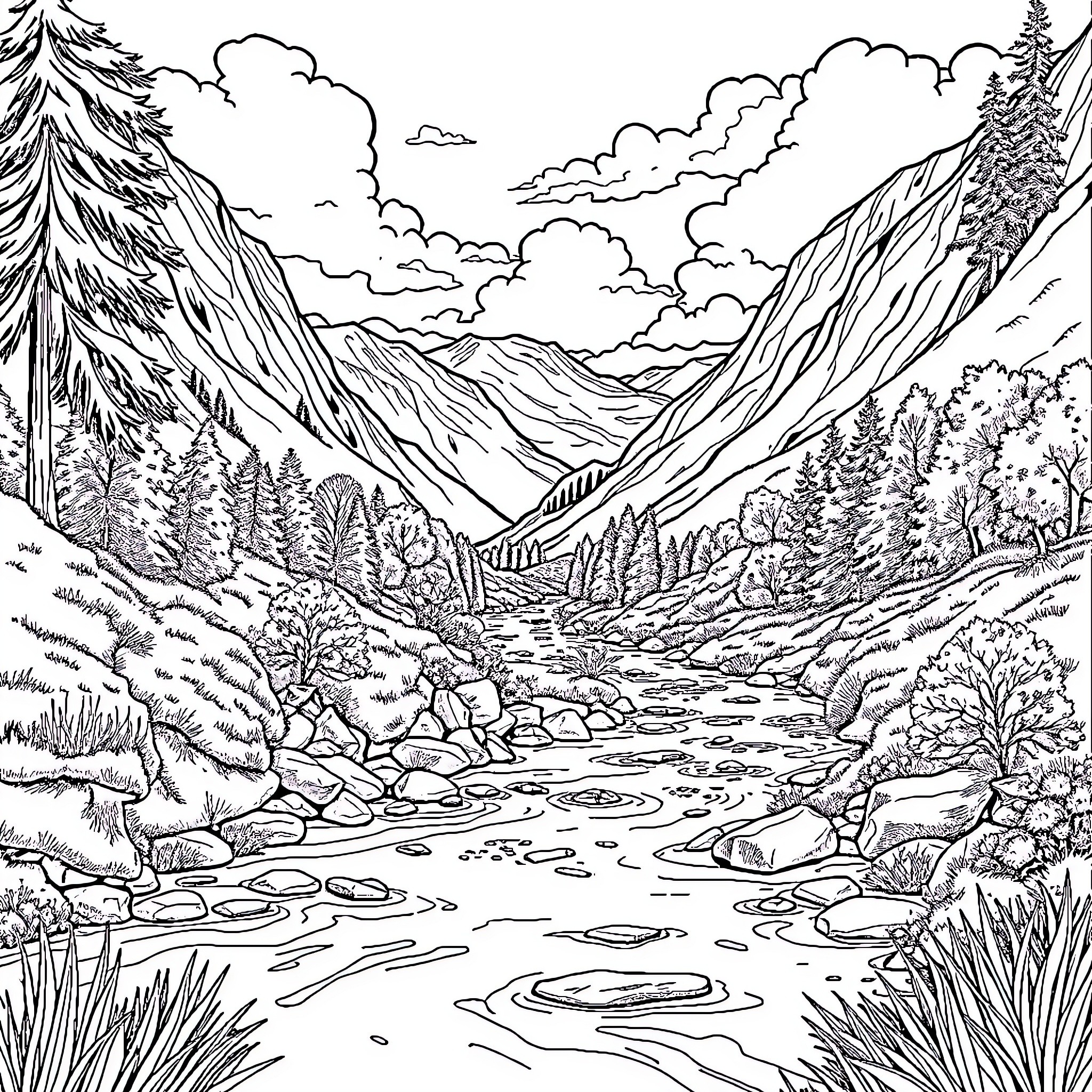 River through a mountain landscape Coloring Page (free black-and-white line drawing printable PDF for all, from beginners to advanced learners, including children, teens, adults, and seniors)