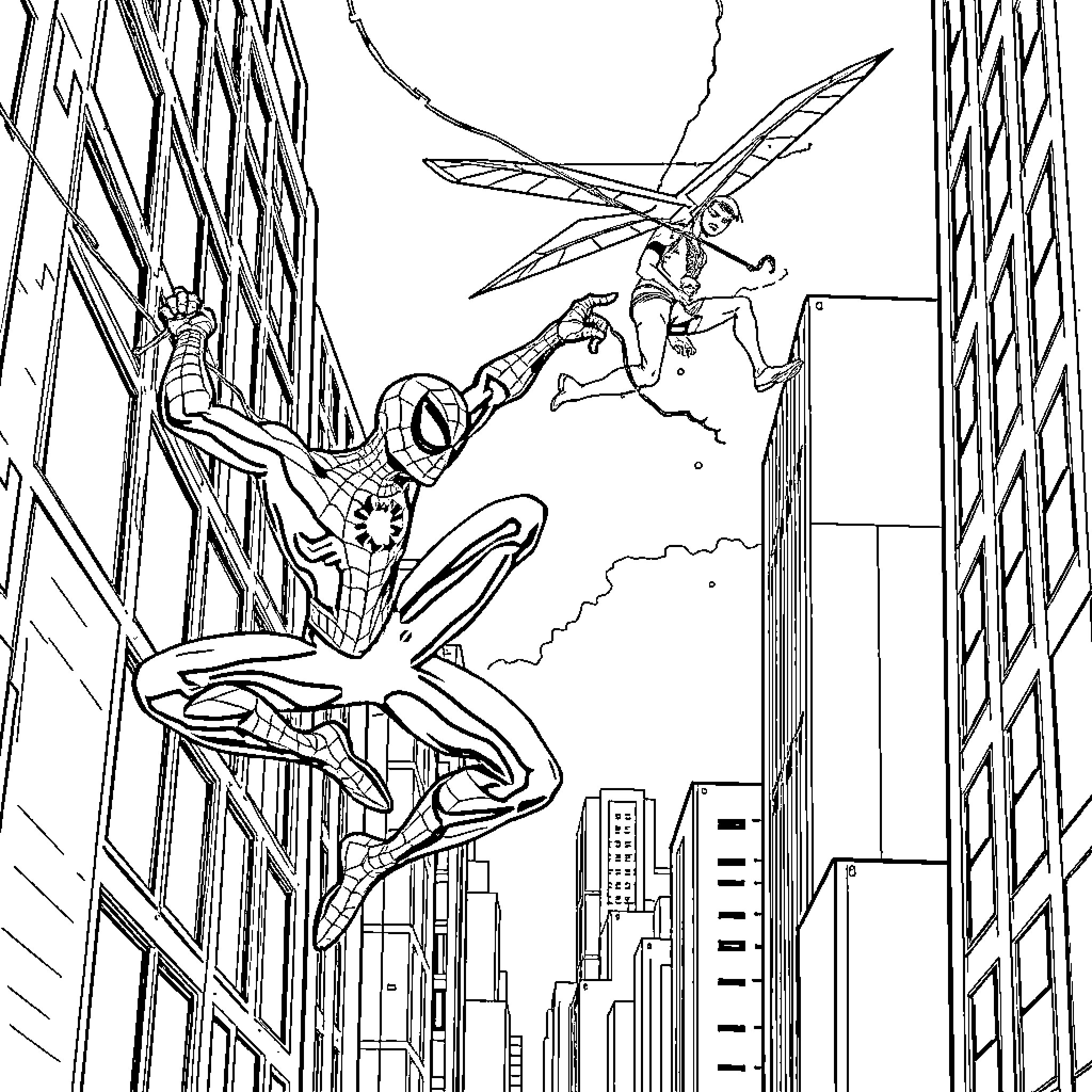 Spiderman swinging through the city with giant insect Coloring Page (free black-and-white line drawing printable PDF for all, from beginners to advanced learners, including children, teens, adults, and seniors)
