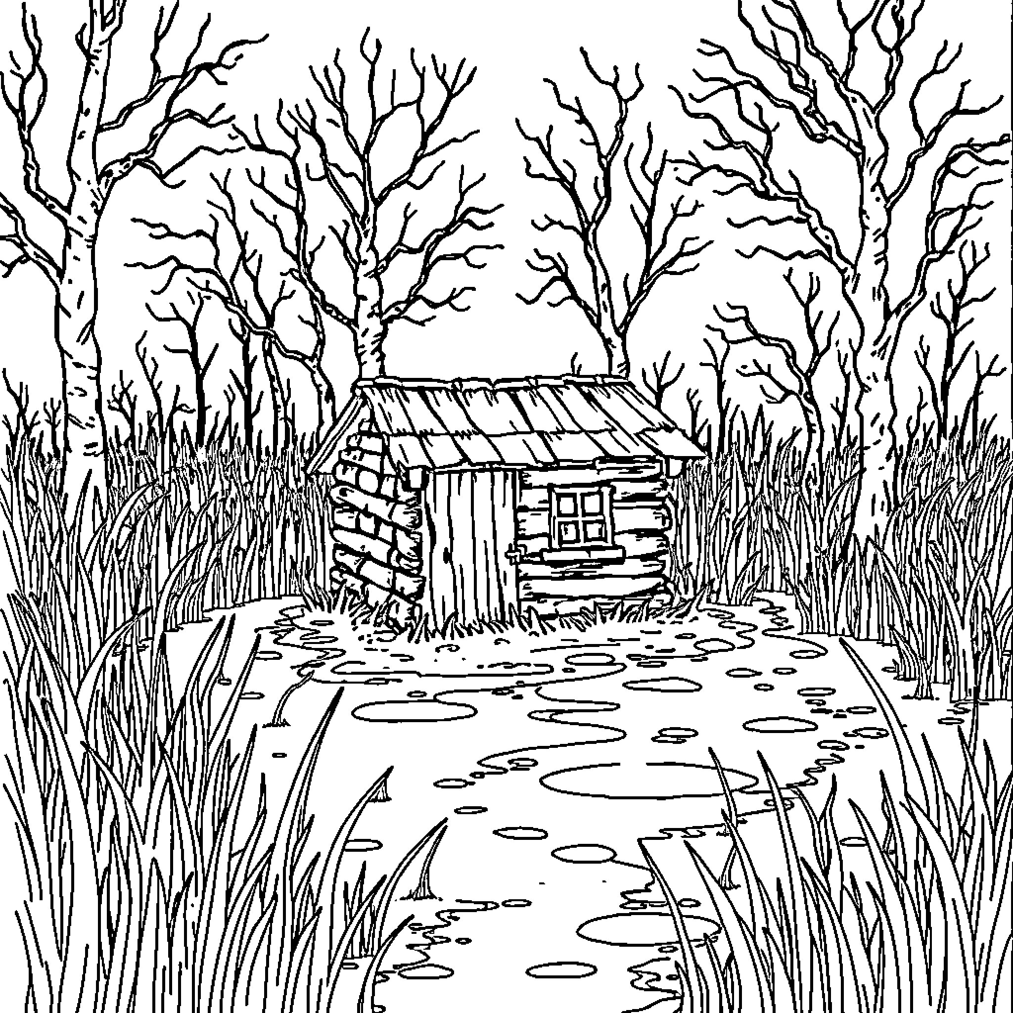 Shack in the Wintry Wilderness Coloring Page (free black-and-white line drawing printable PDF for all, from beginners to advanced learners, including children, teens, adults, and seniors)