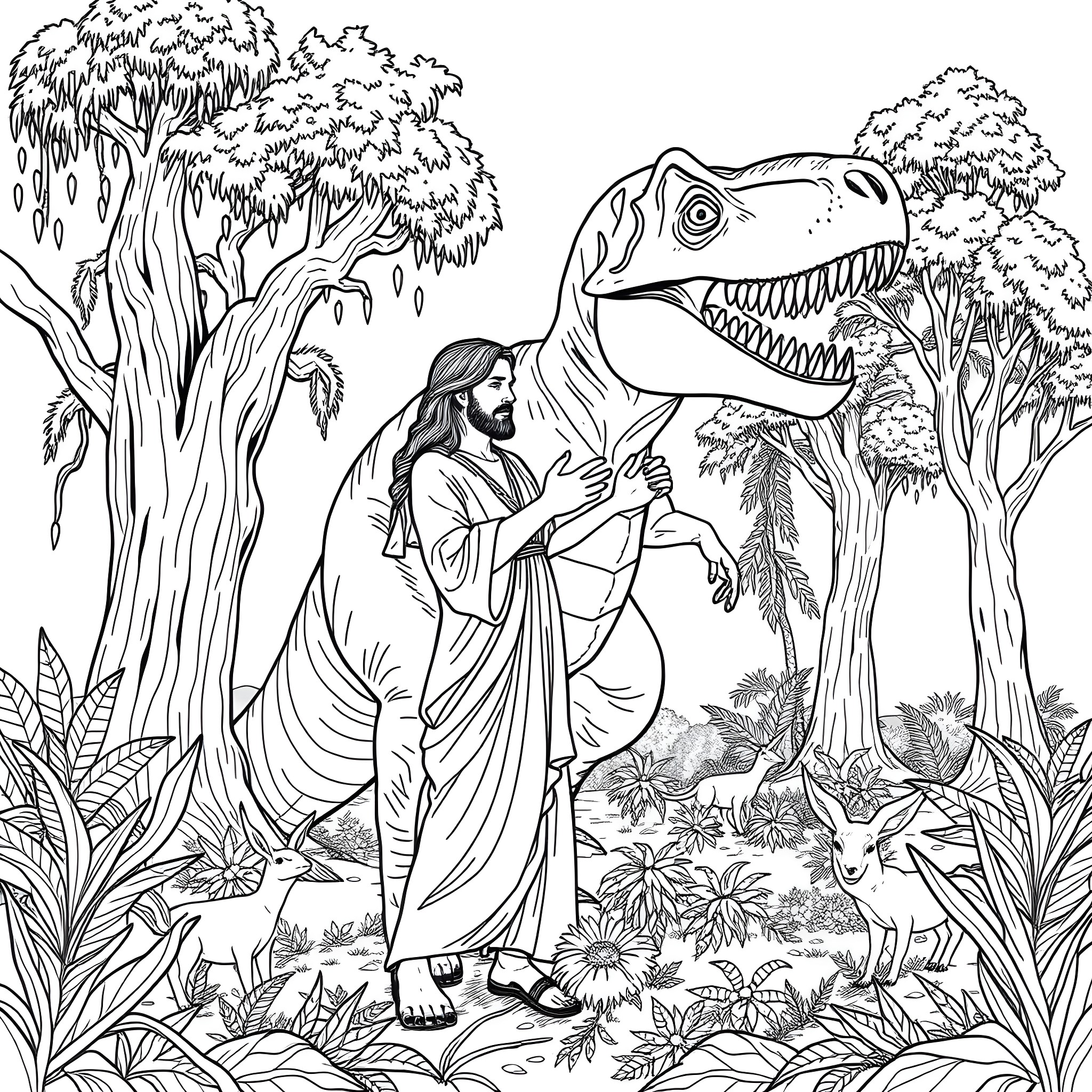Jesus teaching in the jungle surrounded by animals Coloring Page (free black-and-white line drawing printable PDF for all, from beginners to advanced learners, including children, teens, adults, and seniors)
