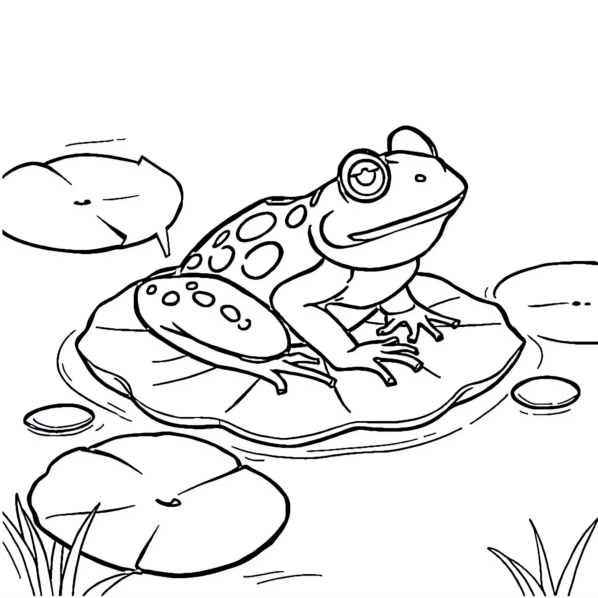 Frog resting on lily pad in pond Coloring Page (free black-and-white line drawing printable PDF for all, from beginners to advanced learners, including children, teens, adults, and seniors)