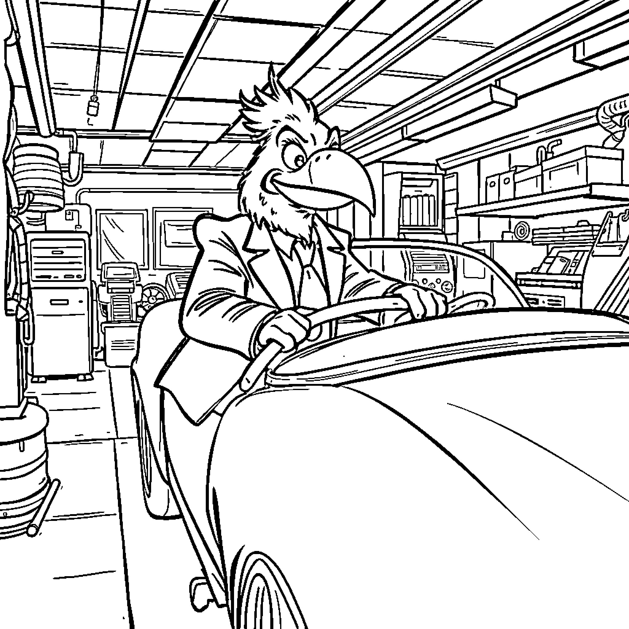 Harvey Birdman working on a car in the garage Coloring Page (free black-and-white line drawing printable PDF for all, from beginners to advanced learners, including children, teens, adults, and seniors)