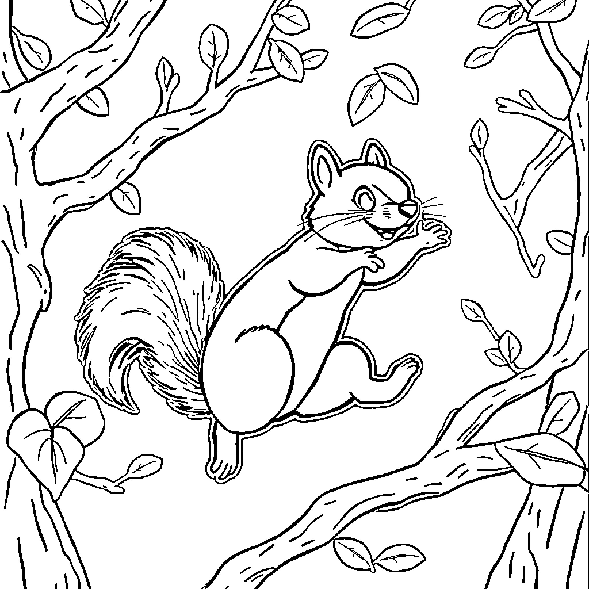 Squirrel exploring the forest Coloring Page (free black-and-white line drawing printable PDF for all, from beginners to advanced learners, including children, teens, adults, and seniors)