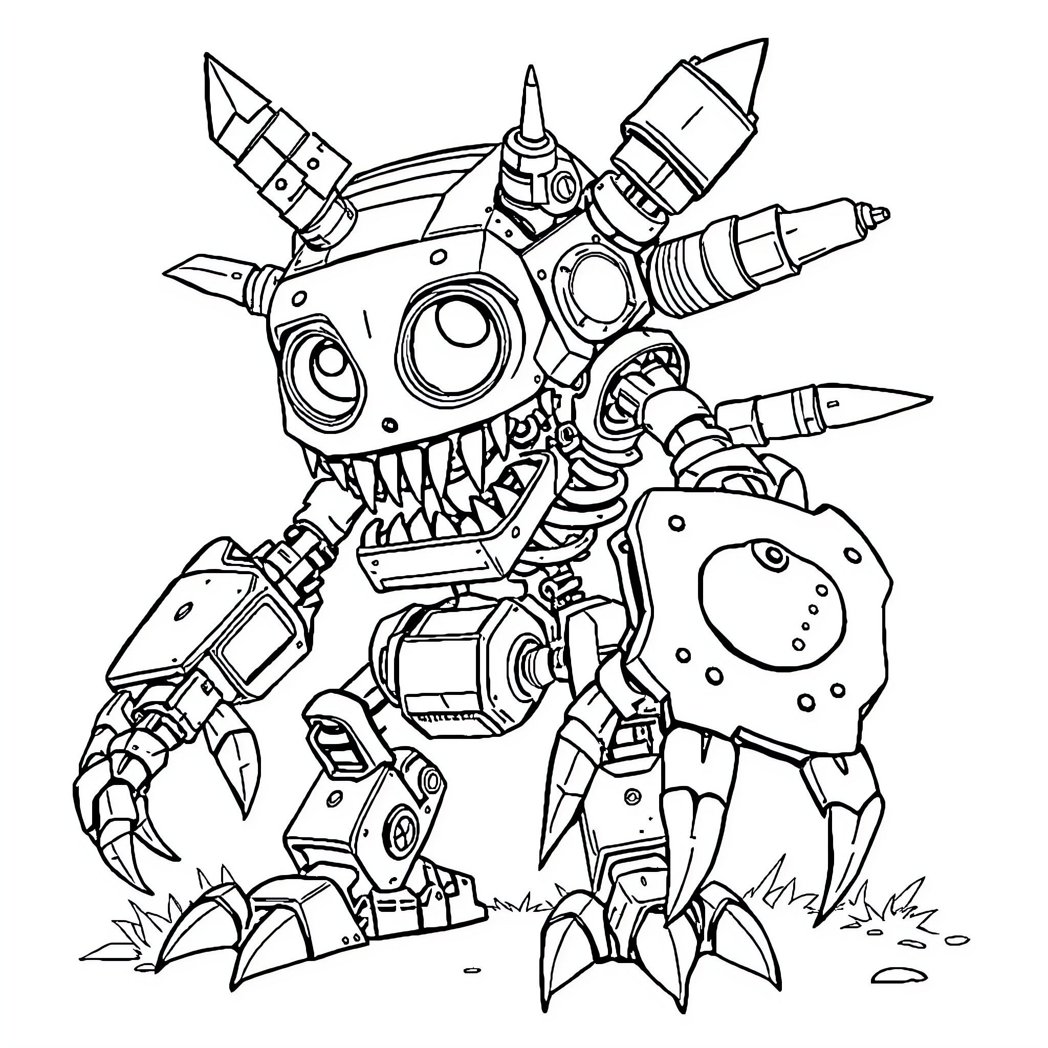 Scraptrap: Monstrous robotic figure with mechanical appendages Coloring Page (free black-and-white line drawing printable PDF for all, from beginners to advanced learners, including children, teens, adults, and seniors)