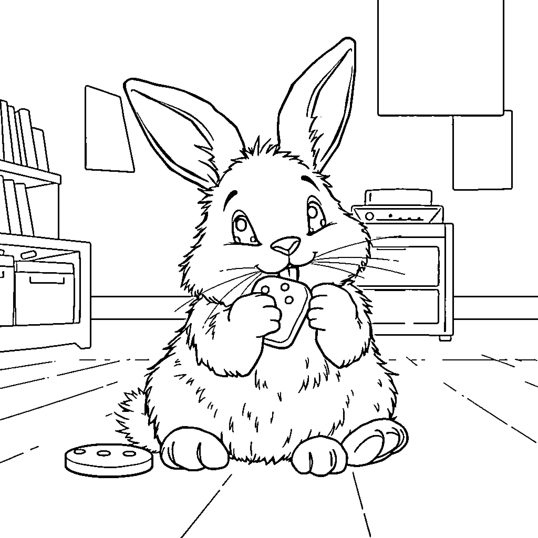 Rabbit playing with toy in cozy home Coloring Page (free black-and-white line drawing printable PDF for all, from beginners to advanced learners, including children, teens, adults, and seniors)
