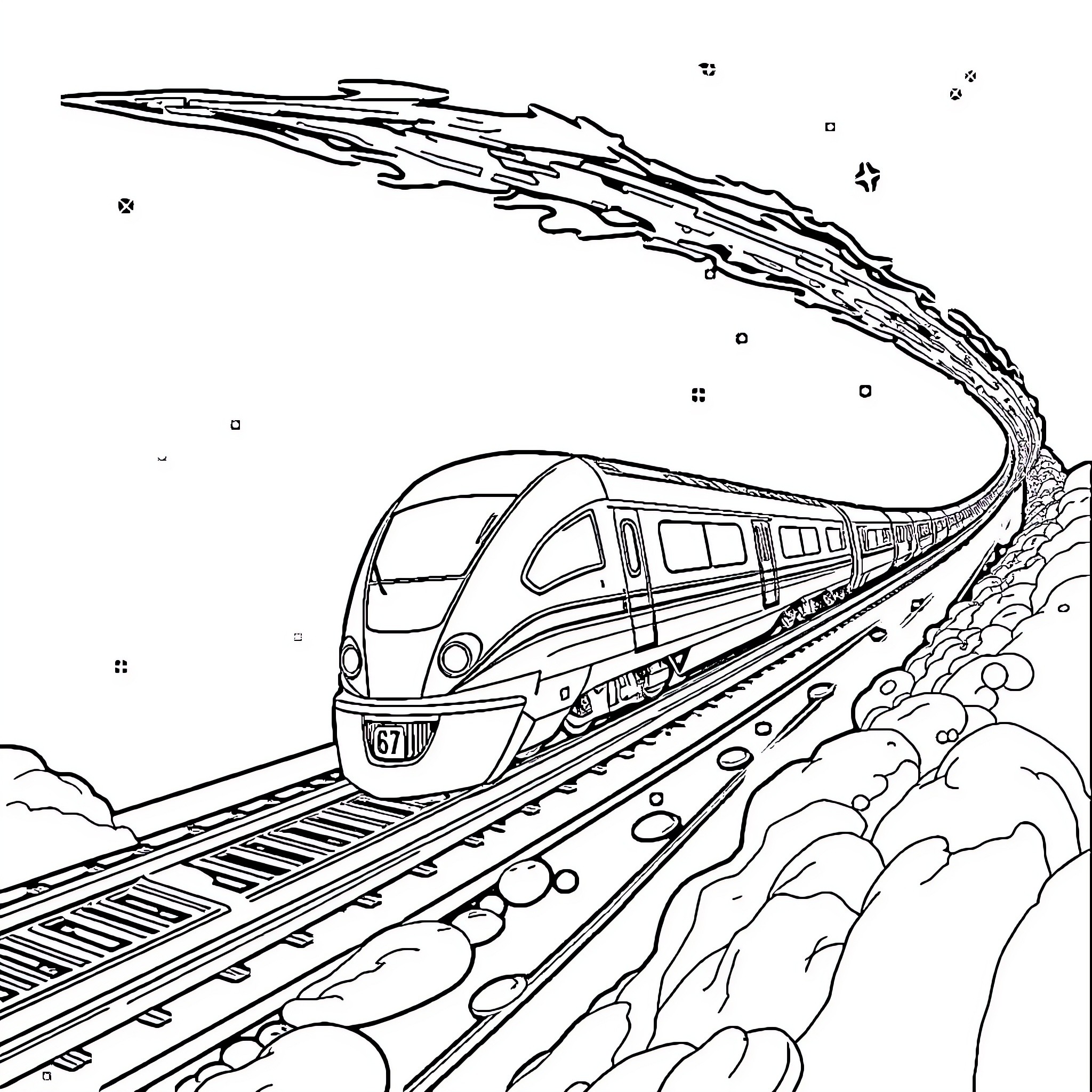 Train speeding through the countryside Coloring Page (free black-and-white line drawing printable PDF for all, from beginners to advanced learners, including children, teens, adults, and seniors)