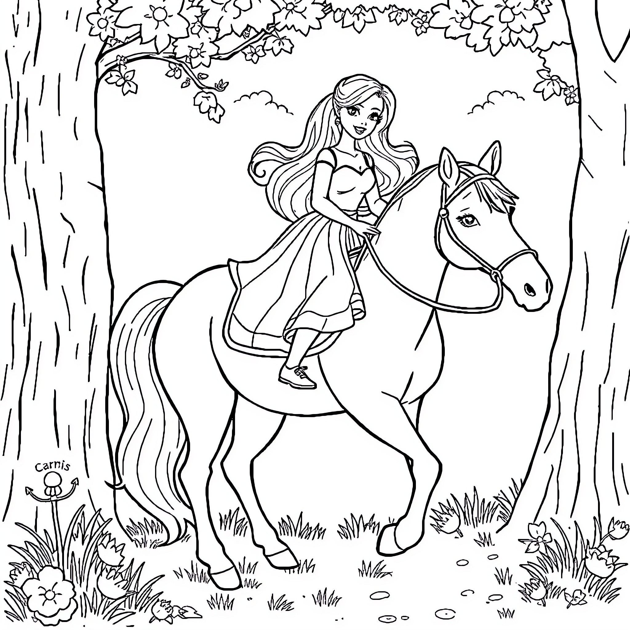 Barbie riding a horse through a floral garden Coloring Page (free black-and-white line drawing printable PDF for all, from beginners to advanced learners, including children, teens, adults, and seniors)