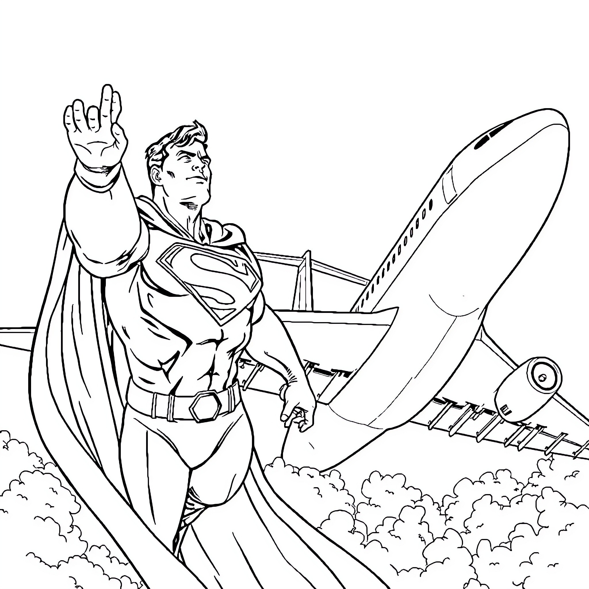 Superman taking flight with heroic pose Coloring Page (free black-and-white line drawing printable PDF for all, from beginners to advanced learners, including children, teens, adults, and seniors)