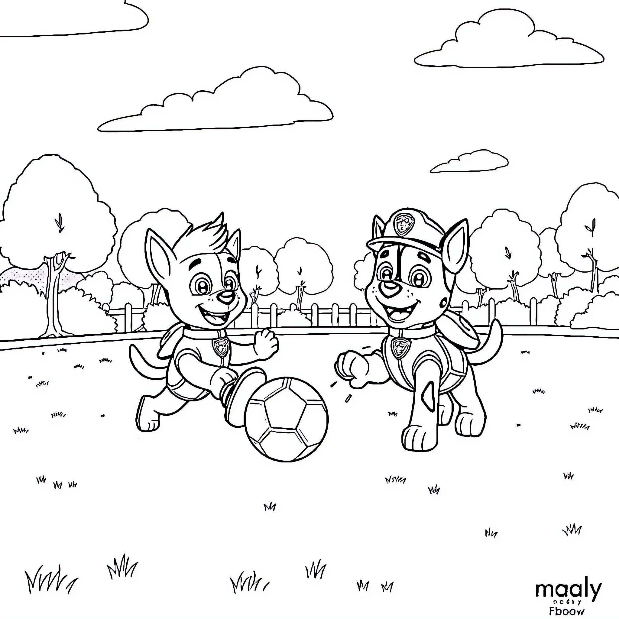 Paw Patrol characters playing soccer outdoors Coloring Page (free black-and-white line drawing printable PDF for all, from beginners to advanced learners, including children, teens, adults, and seniors)