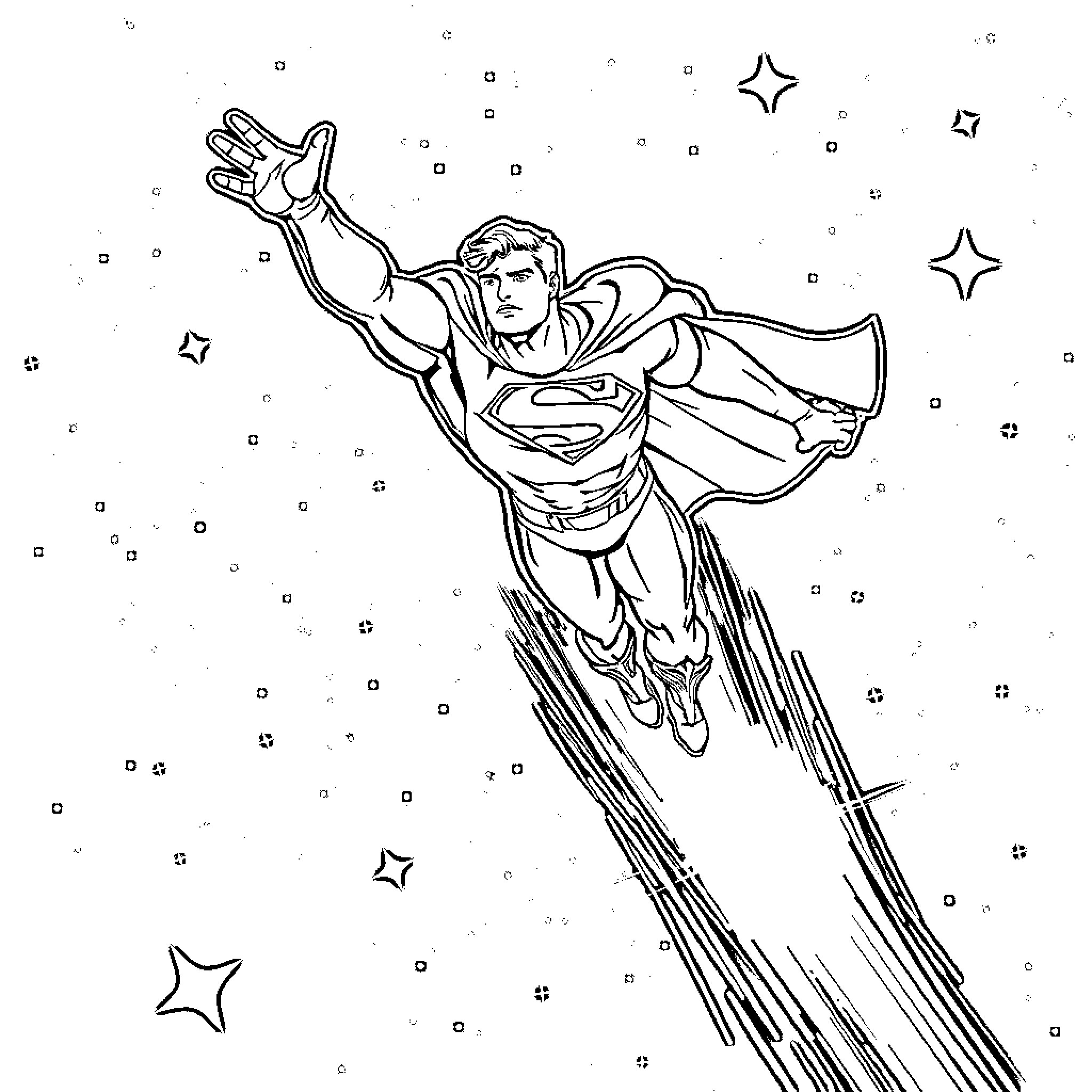 Superman soaring through the starry night sky Coloring Page (free black-and-white line drawing printable PDF for all, from beginners to advanced learners, including children, teens, adults, and seniors)