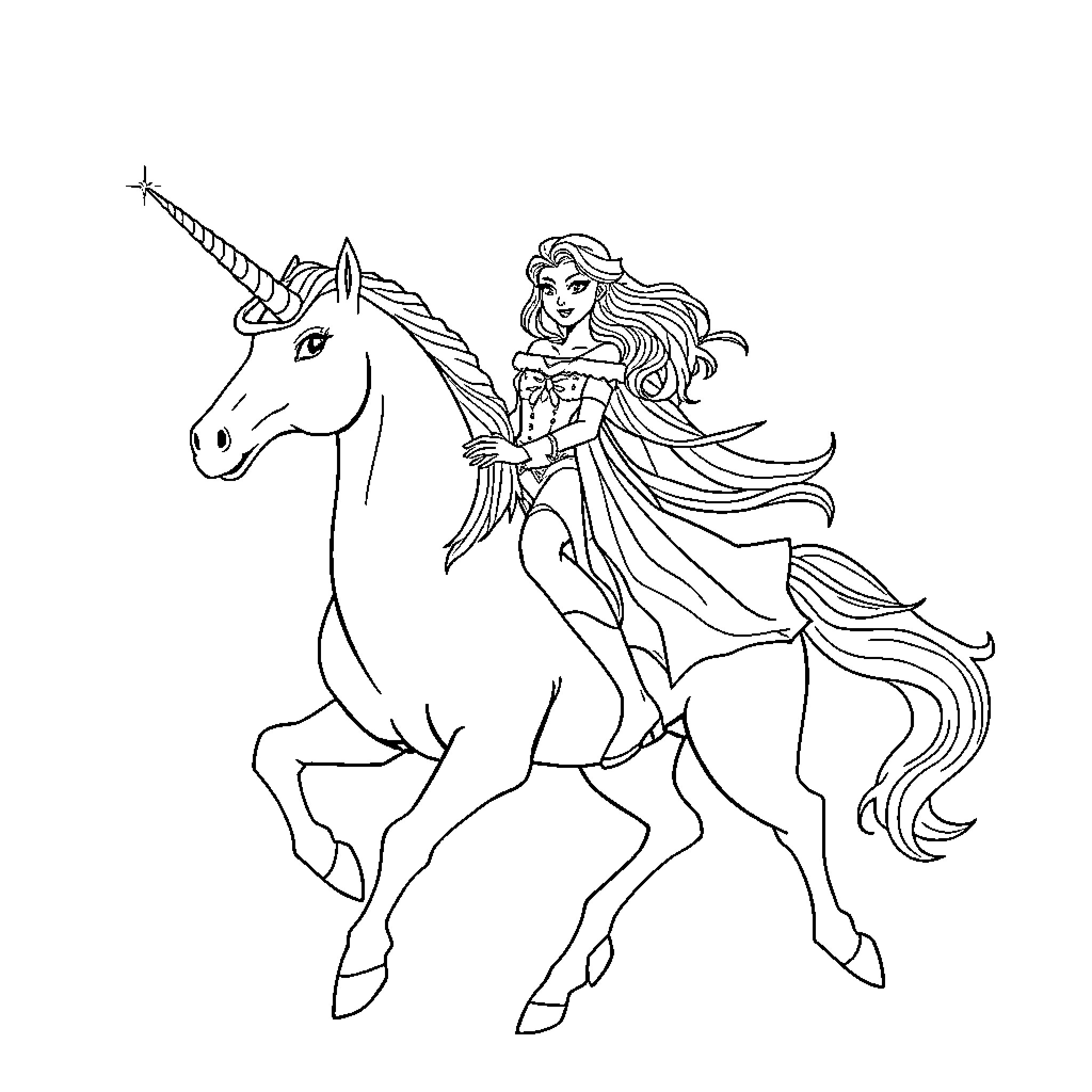 Icequeen riding a magical unicorn Coloring Page (free black-and-white line drawing printable PDF for all, from beginners to advanced learners, including children, teens, adults, and seniors)