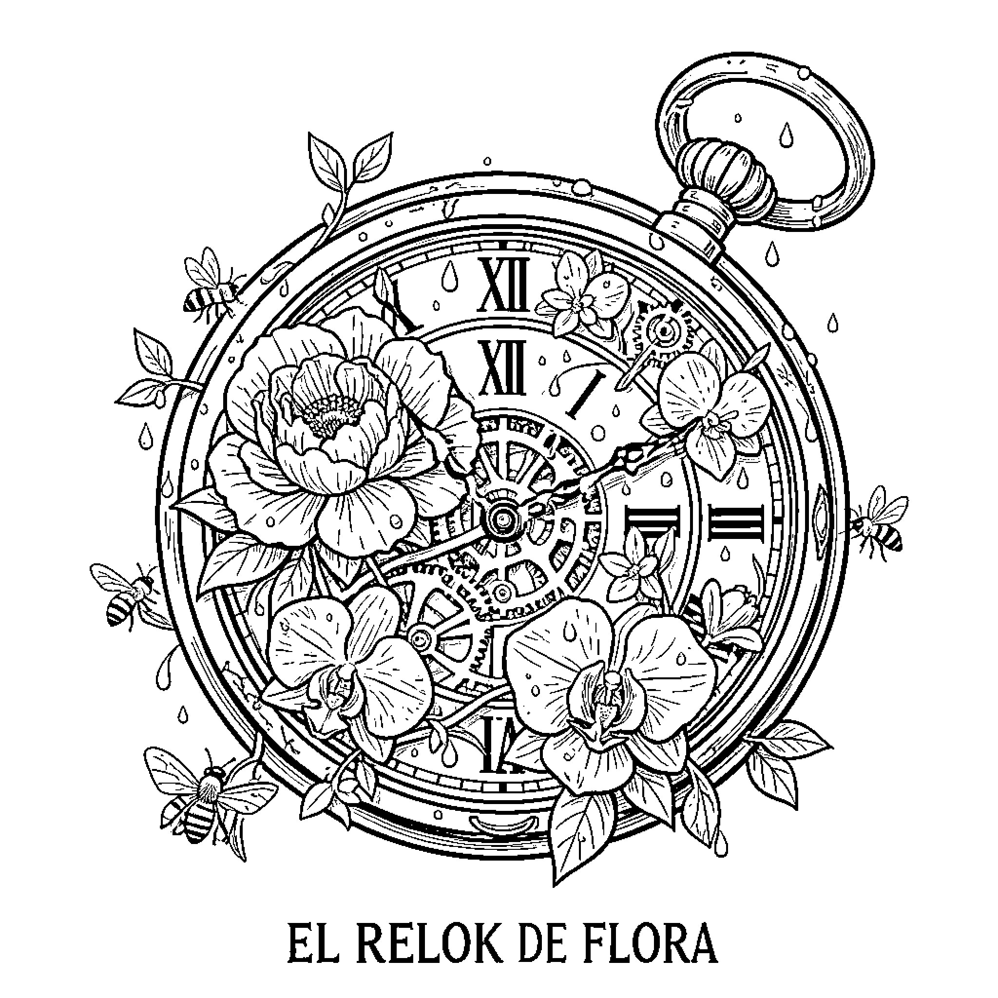 Reloj con flores y elementos naturales Coloring Page (free black-and-white line drawing printable PDF for all, from beginners to advanced learners, including children, teens, adults, and seniors)