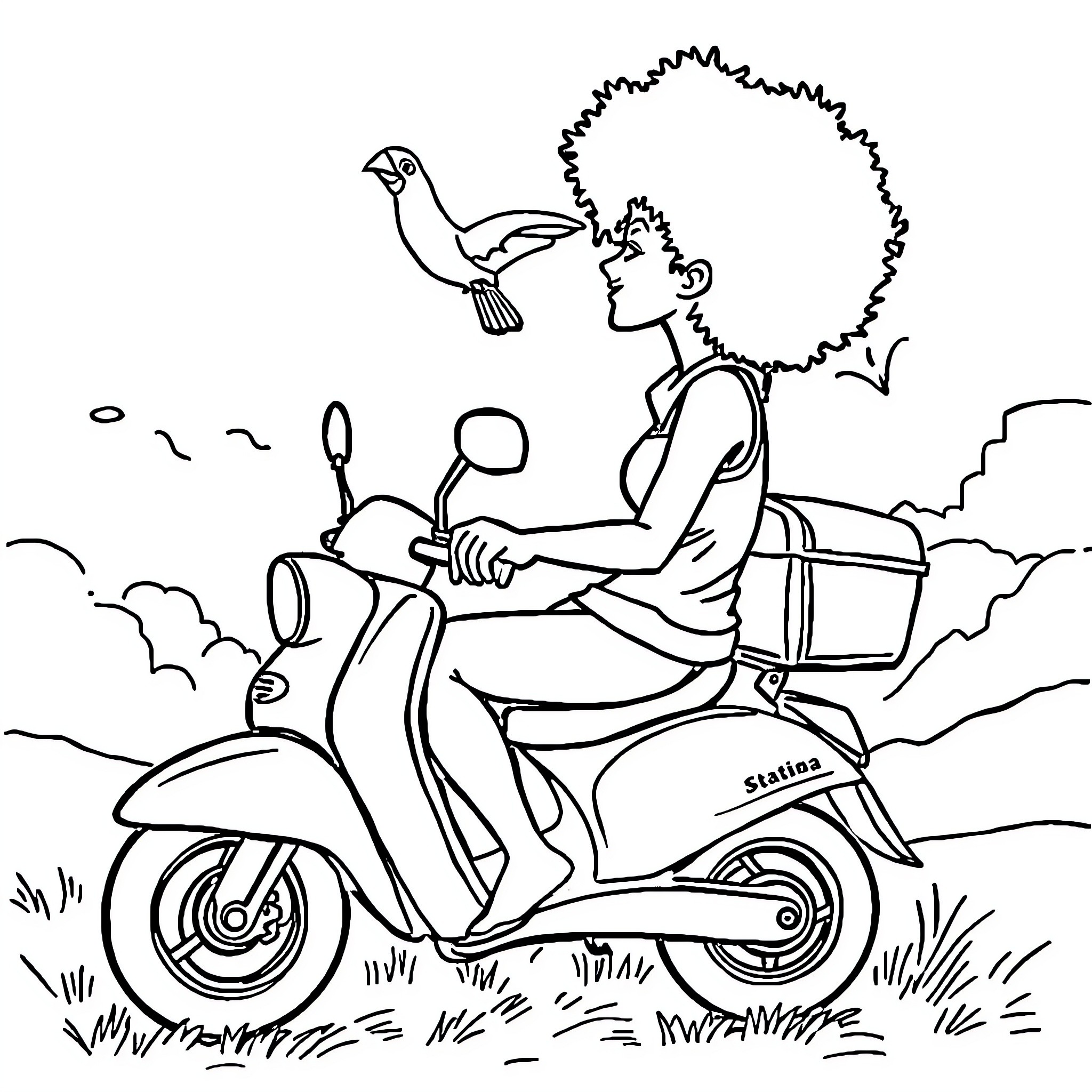 Persona riding scooter through scenic landscape Coloring Page (free black-and-white line drawing printable PDF for all, from beginners to advanced learners, including children, teens, adults, and seniors)