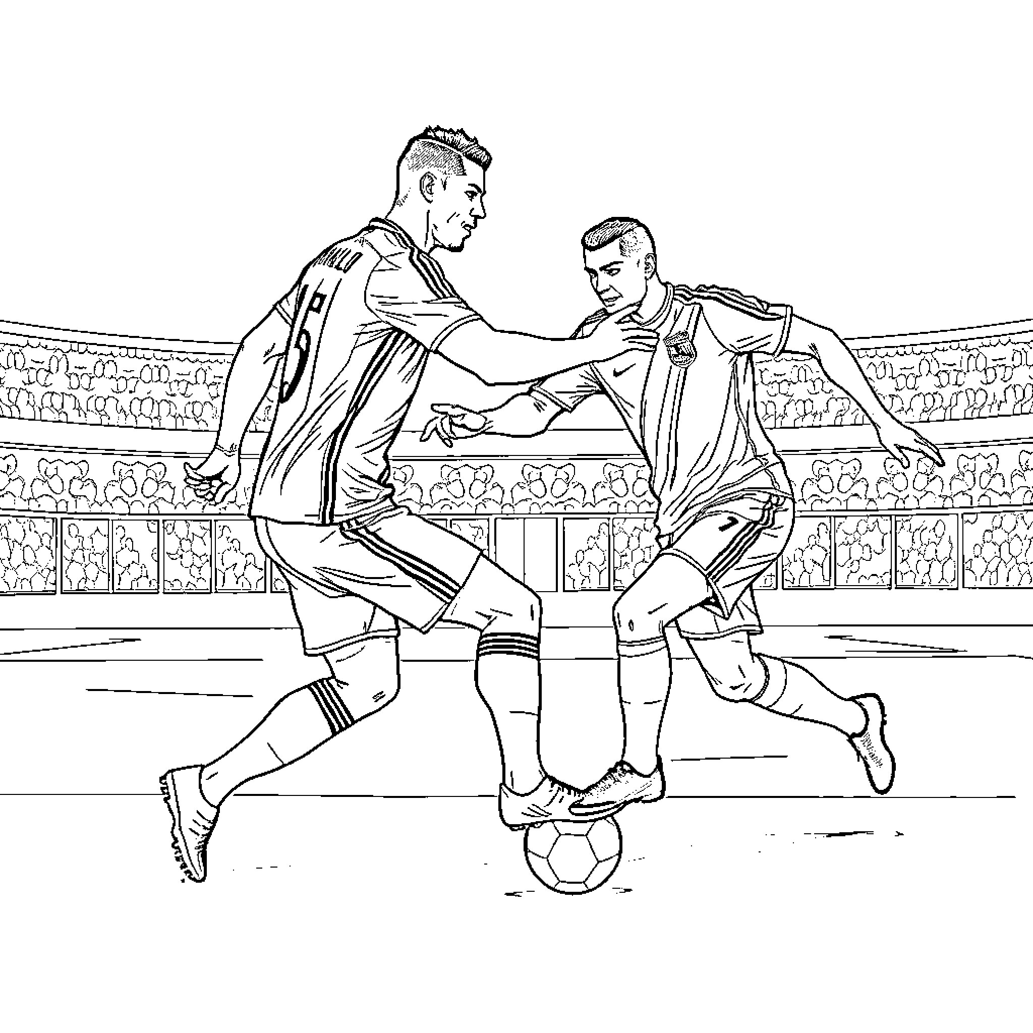 Cristiano Ronaldo Competing in a Football Match Coloring Page (free black-and-white line drawing printable PDF for all, from beginners to advanced learners, including children, teens, adults, and seniors)