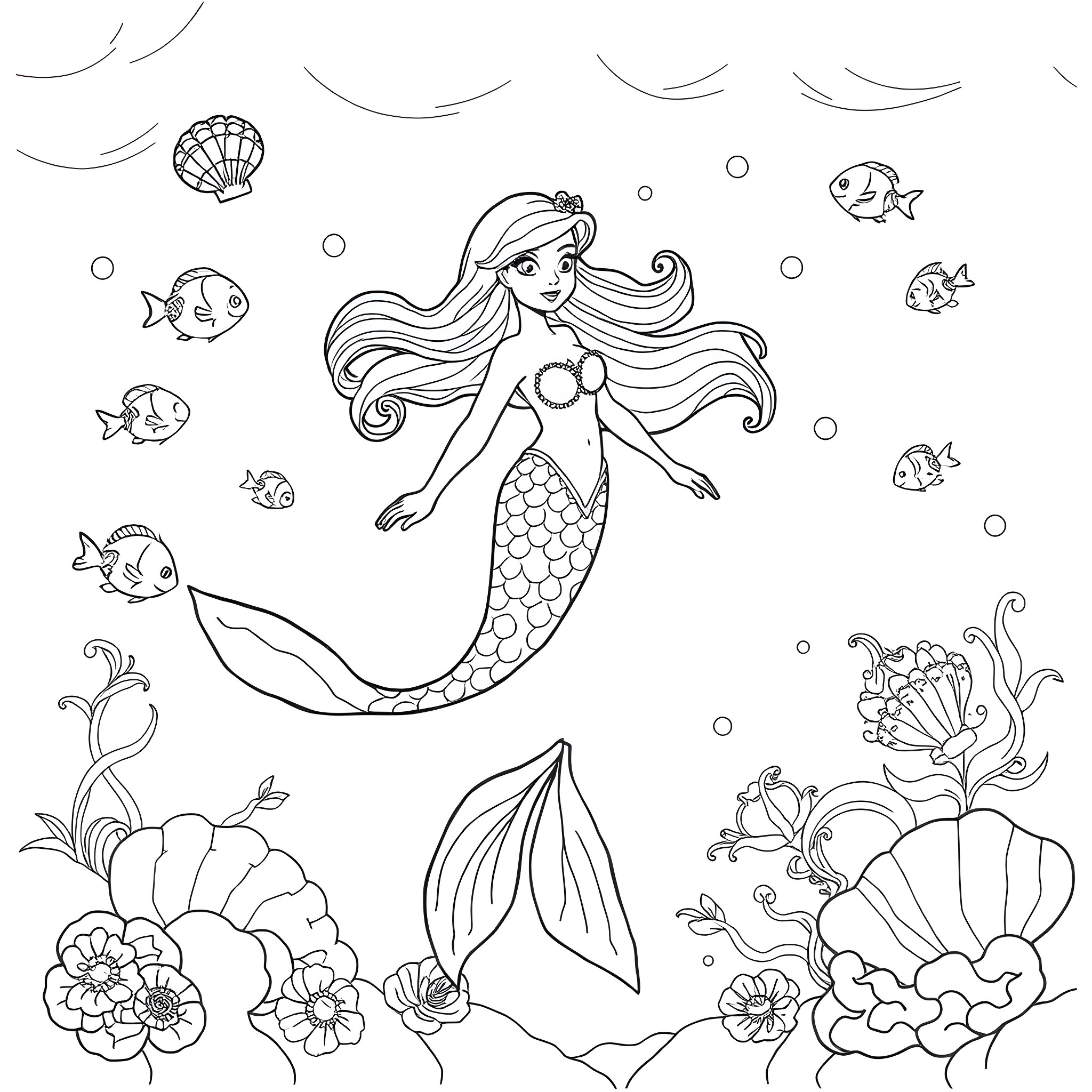 Mermaid swimming among marine creatures and seashells Coloring Page (free black-and-white line drawing printable PDF for all, from beginners to advanced learners, including children, teens, adults, and seniors)