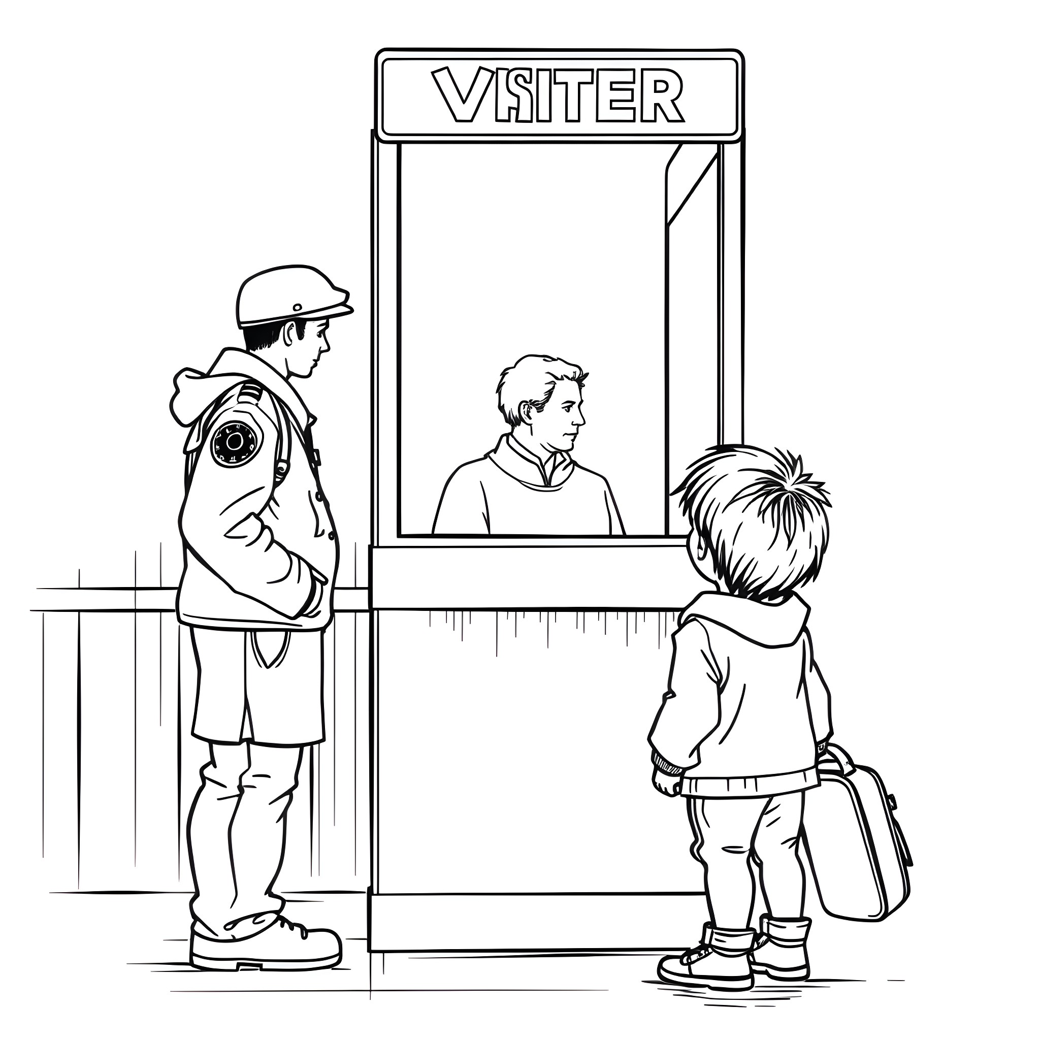 Child visiting security officer at entrance Coloring Page (free black-and-white line drawing printable PDF for all, from beginners to advanced learners, including children, teens, adults, and seniors)