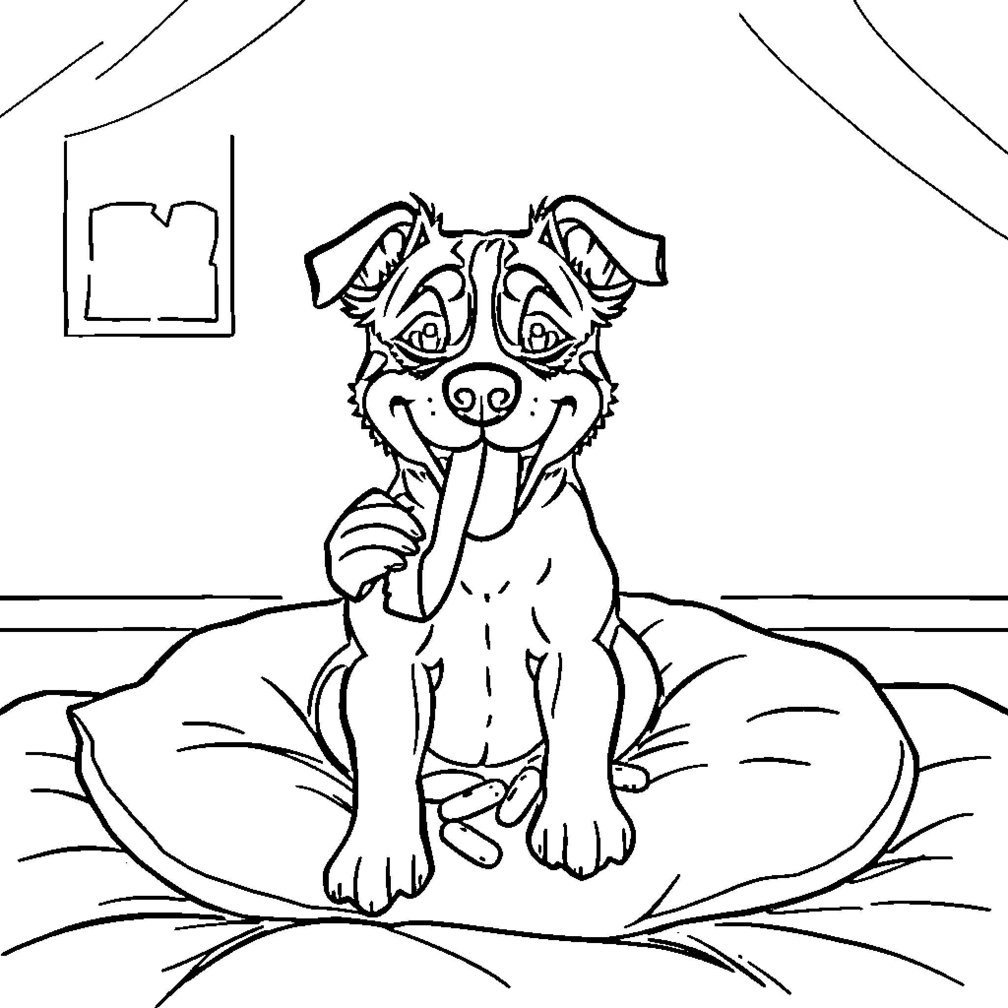 Dog smiling happily on a bed Coloring Page (free black-and-white line drawing printable PDF for all, from beginners to advanced learners, including children, teens, adults, and seniors)