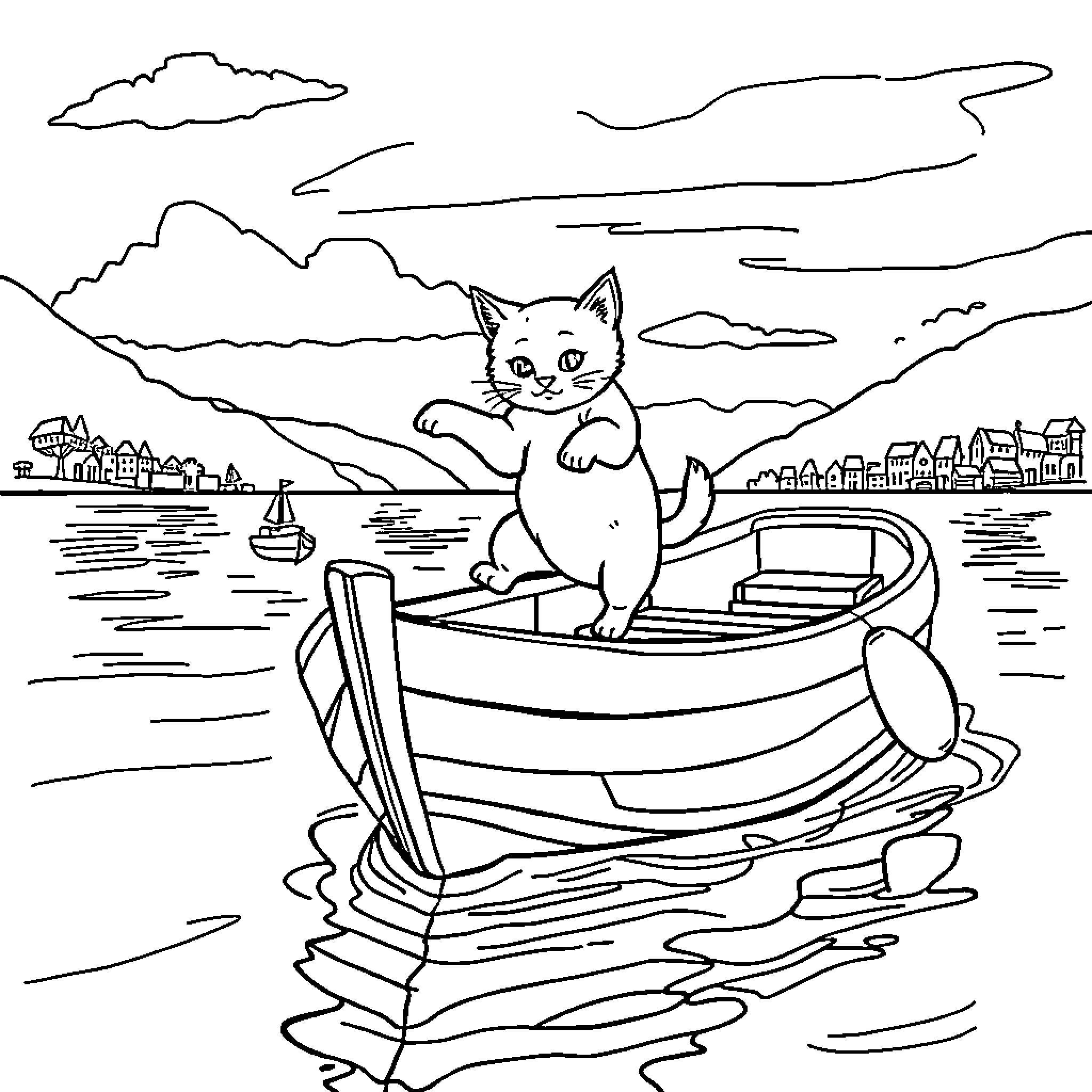 Cat sailing in a boat on a lake Coloring Page (free black-and-white line drawing printable PDF for all, from beginners to advanced learners, including children, teens, adults, and seniors)