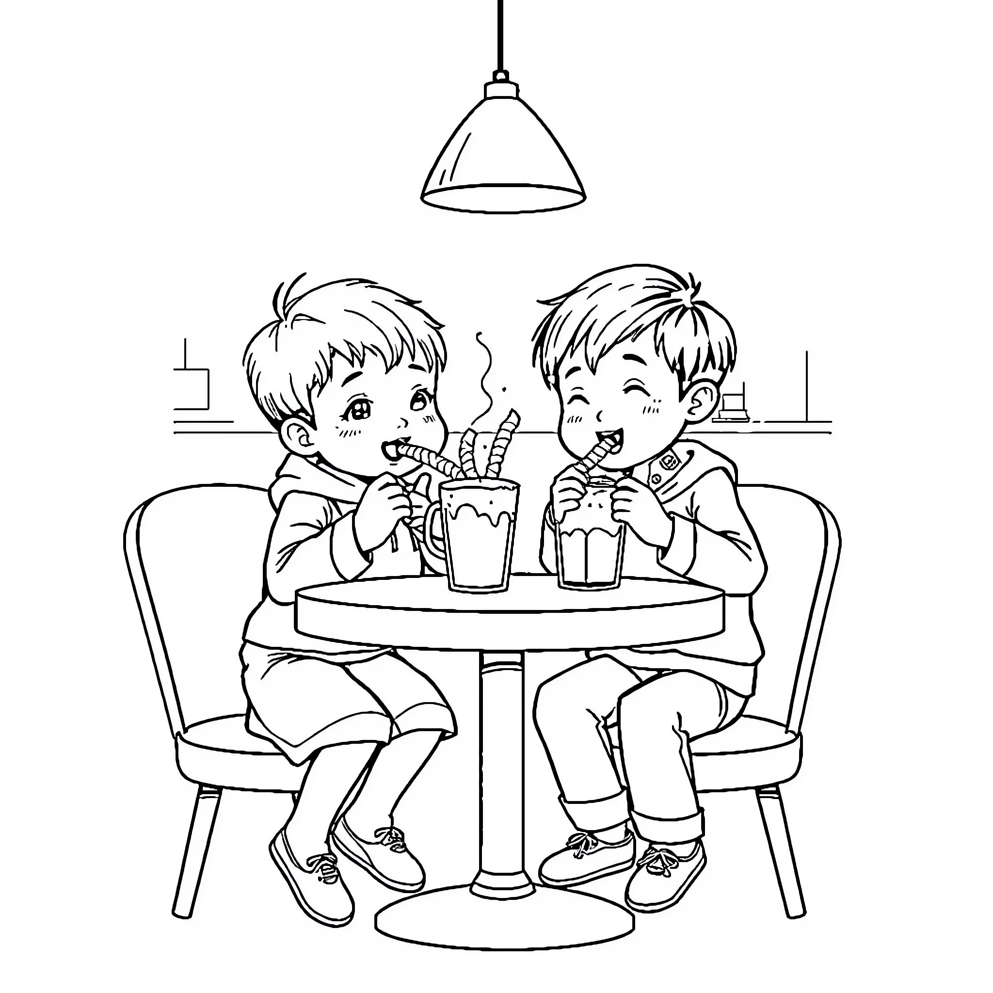 Niños enjoying milkshakes in the cafe Coloring Page (free black-and-white line drawing printable PDF for all, from beginners to advanced learners, including children, teens, adults, and seniors)
