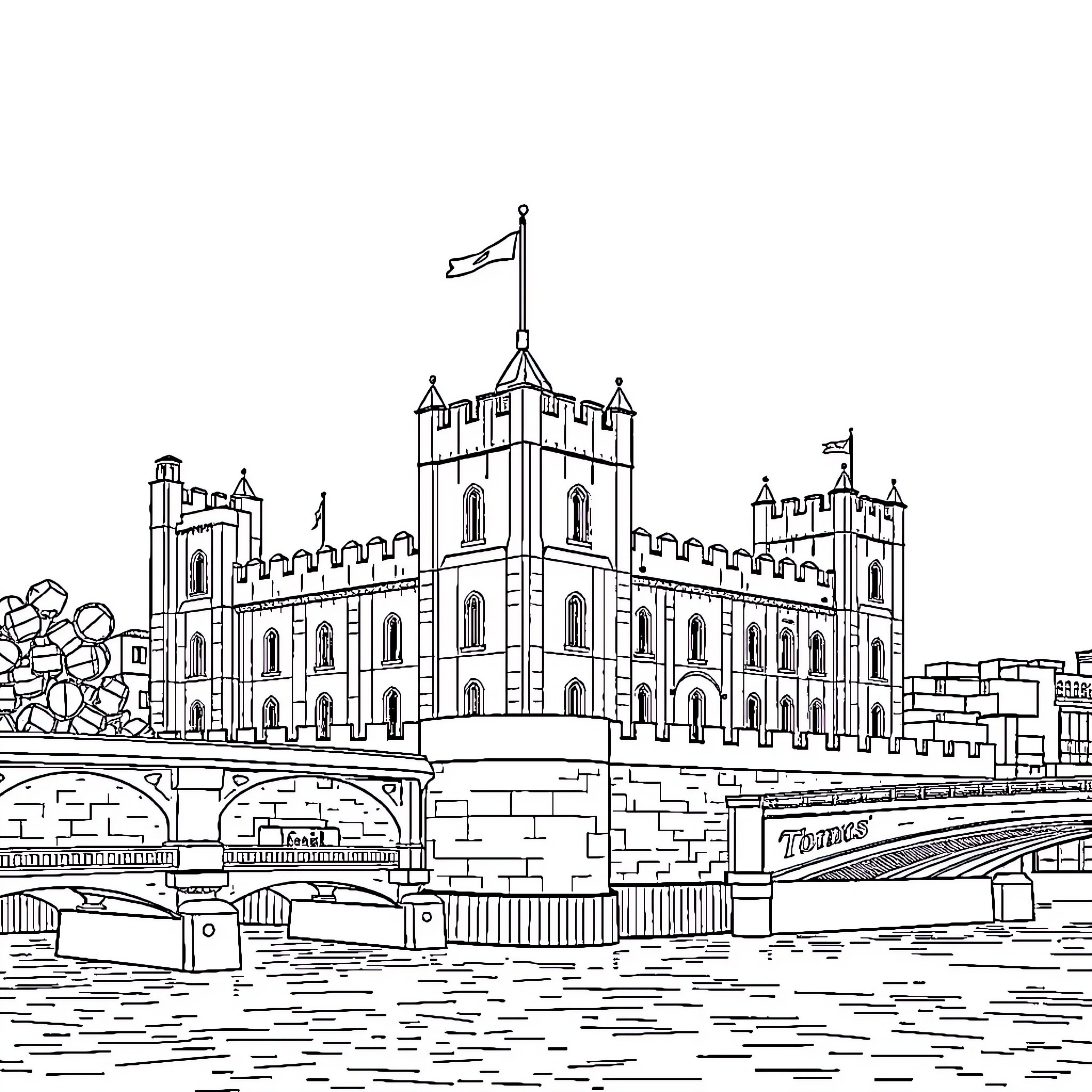 Tower of majestic architecture by the river Coloring Page (free black-and-white line drawing printable PDF for all, from beginners to advanced learners, including children, teens, adults, and seniors)