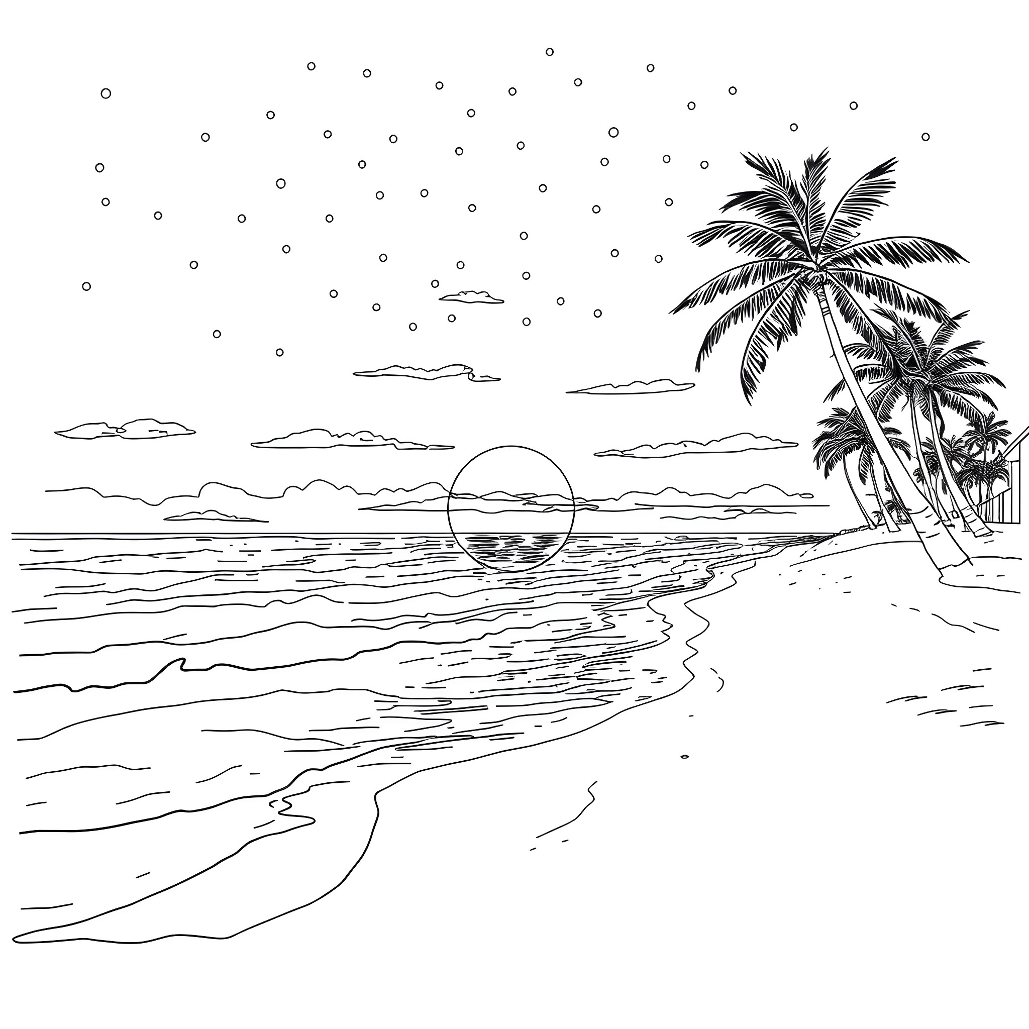 Firefly Sunset by the Beach Coloring Page (free black-and-white line drawing printable PDF for all, from beginners to advanced learners, including children, teens, adults, and seniors)