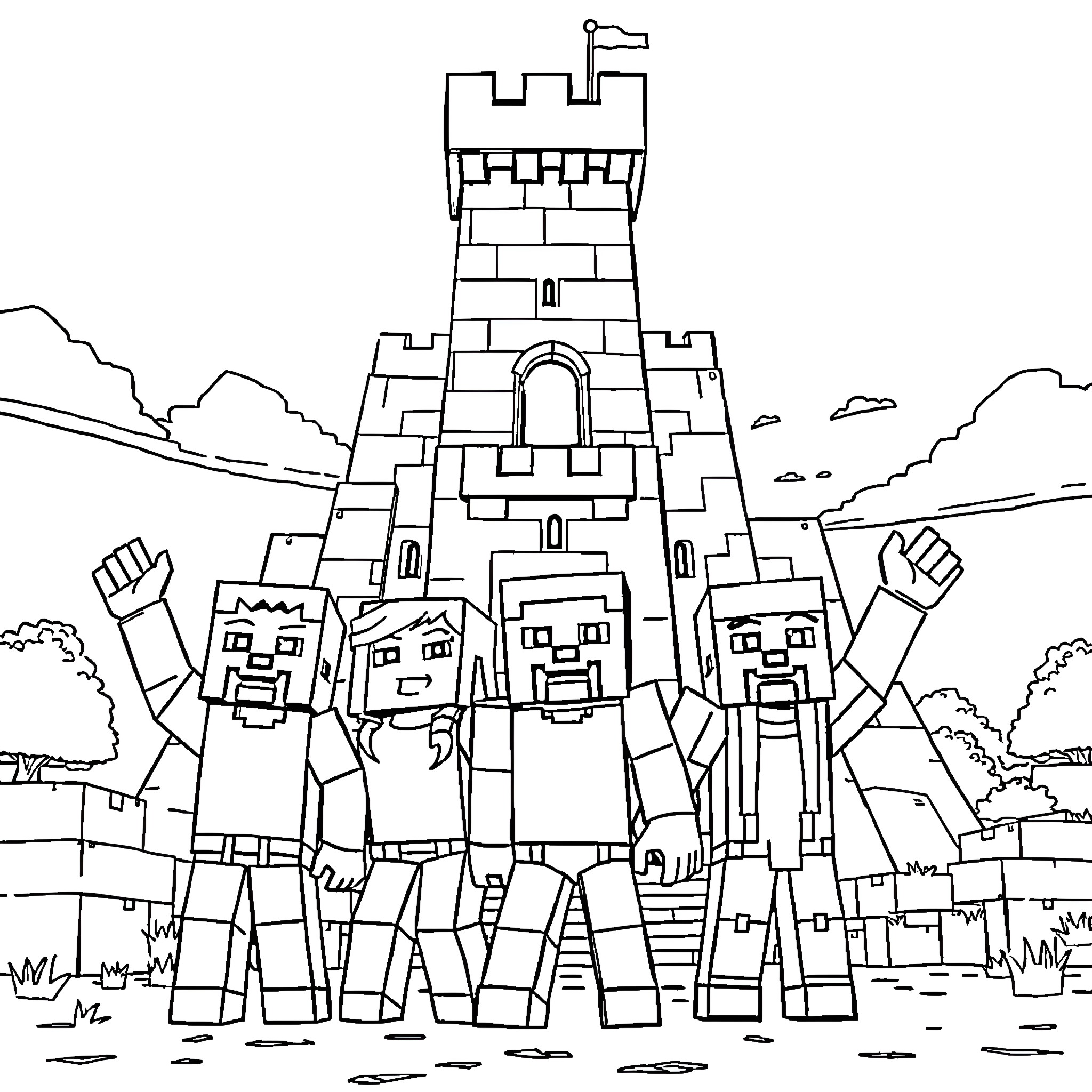 Minecraft Characters Celebrating Victory at Castle Coloring Page (free black-and-white line drawing printable PDF for all, from beginners to advanced learners, including children, teens, adults, and seniors)