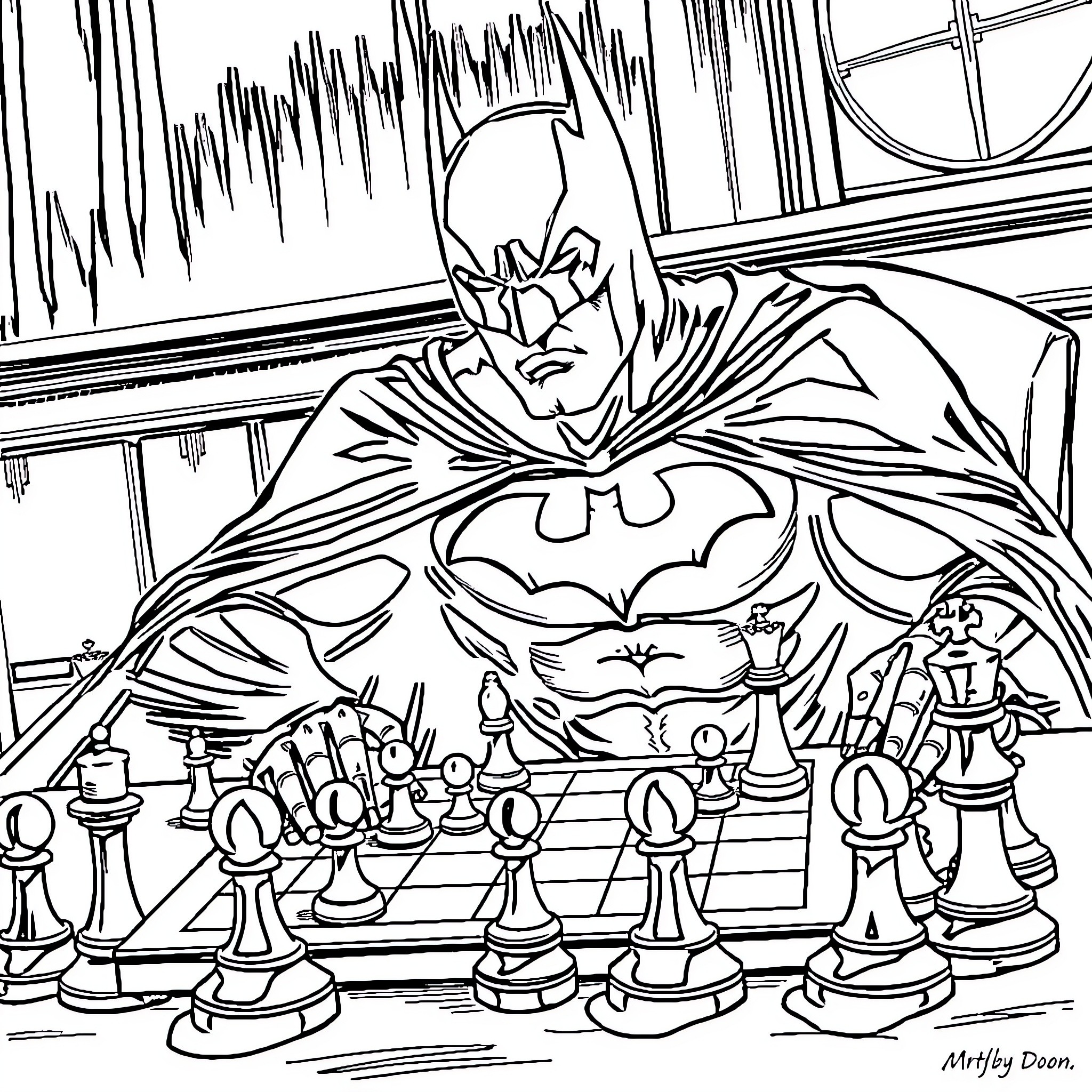 Batman playing chess in a dramatic scene Coloring Page (free black-and-white line drawing printable PDF for all, from beginners to advanced learners, including children, teens, adults, and seniors)