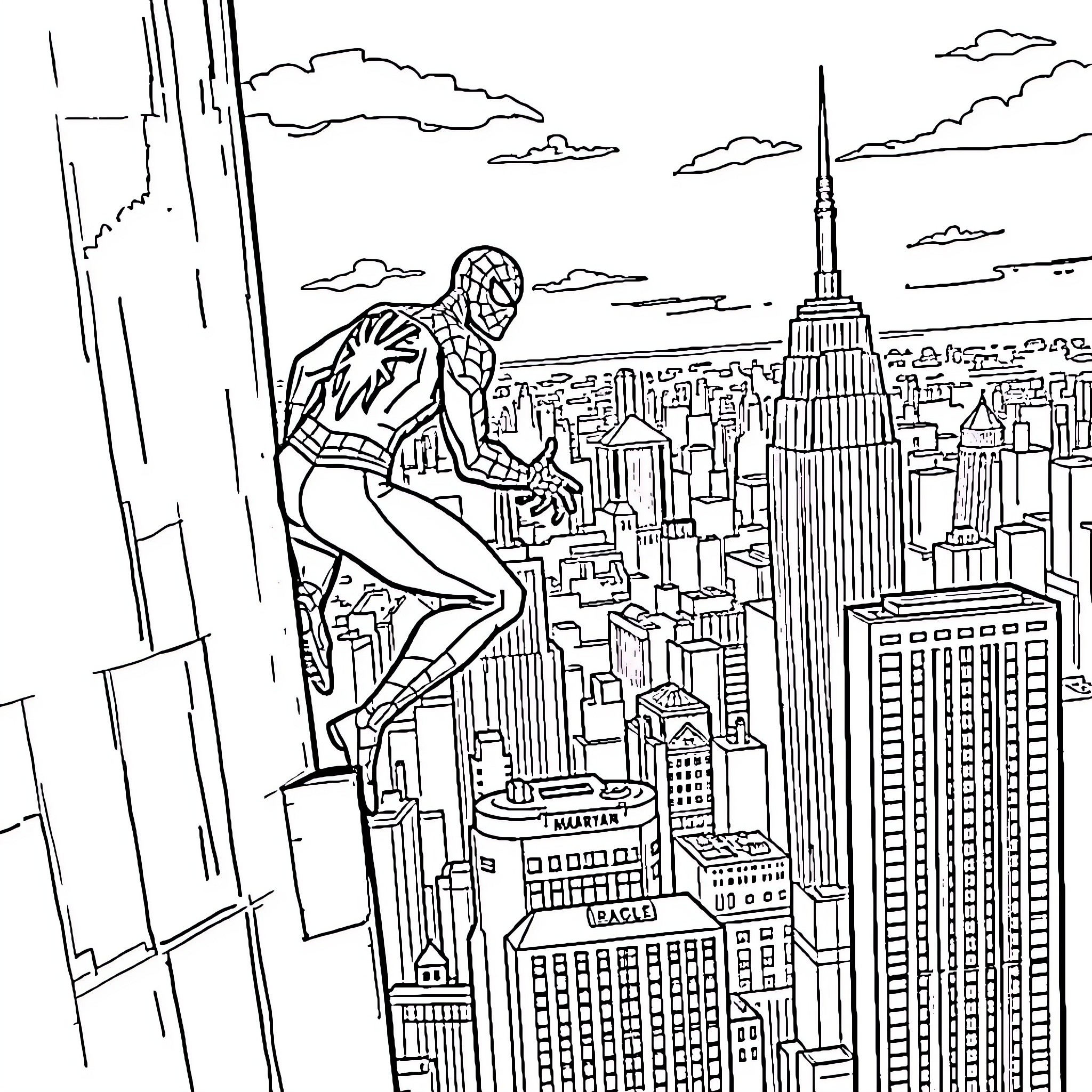 Spiderman swinging through the New York City skyline Coloring Page (free black-and-white line drawing printable PDF for all, from beginners to advanced learners, including children, teens, adults, and seniors)