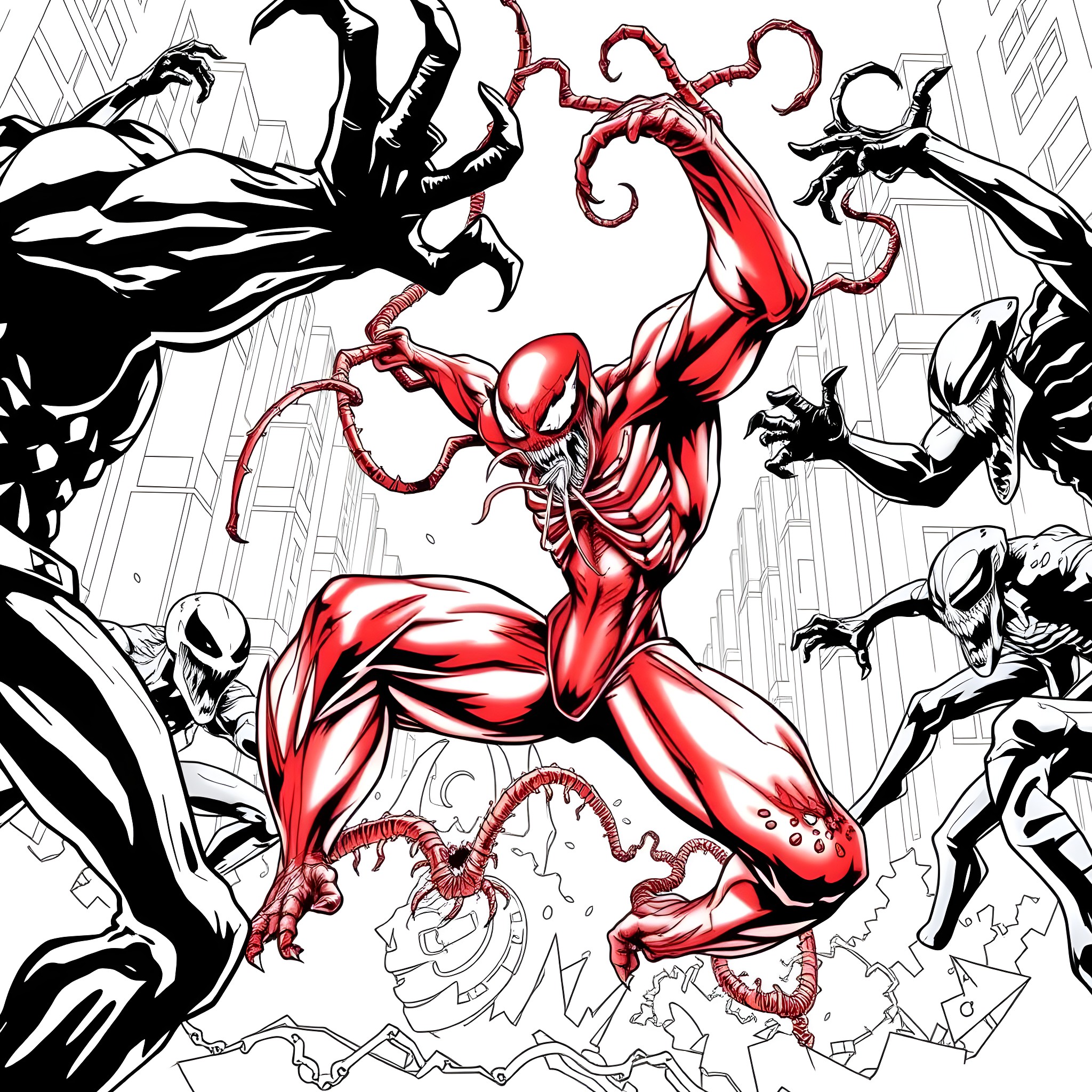 Carnage - Chaos and Destruction in the City Coloring Page (free black-and-white line drawing printable PDF for all, from beginners to advanced learners, including children, teens, adults, and seniors)