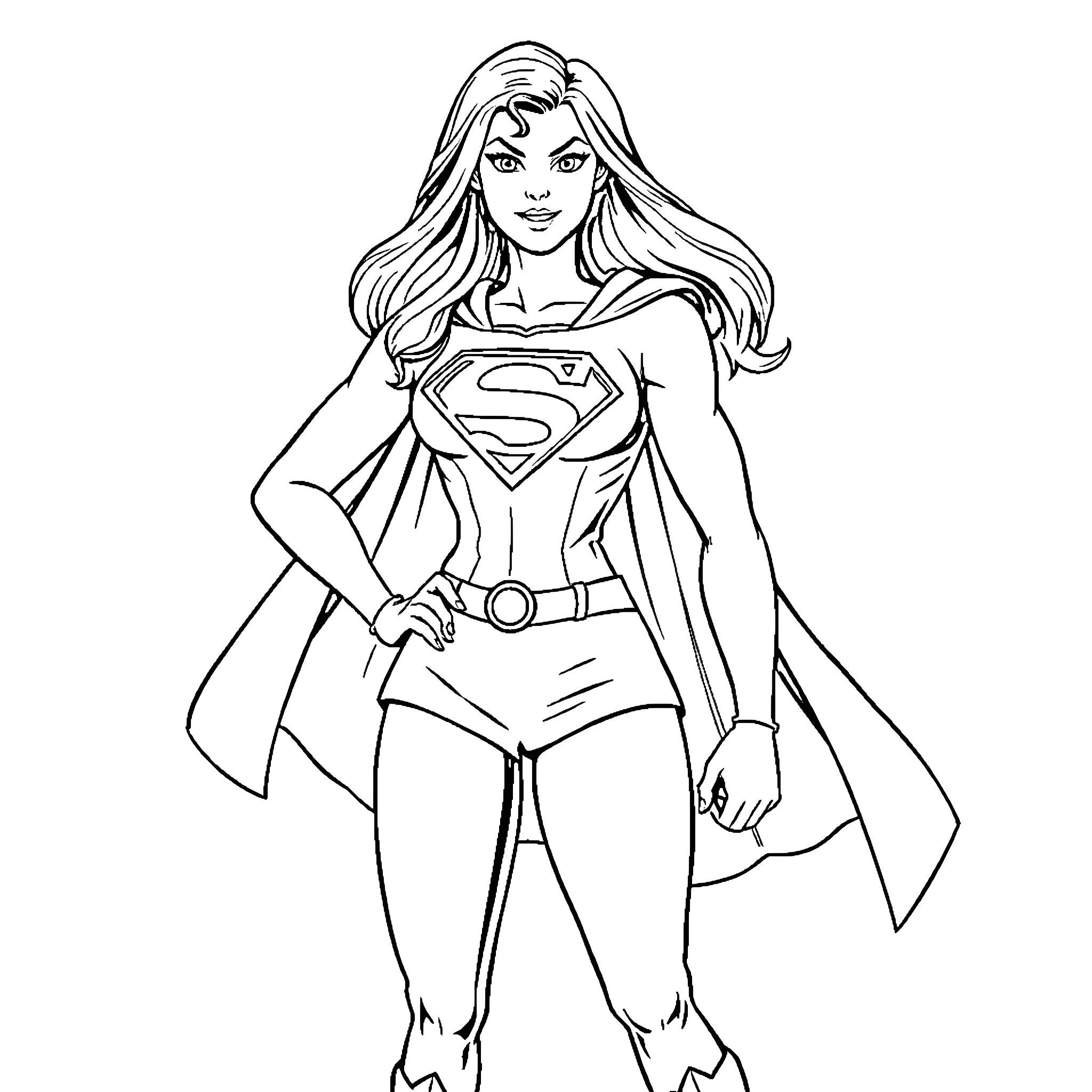 Supergirl in heroic pose with determination Coloring Page (free black-and-white line drawing printable PDF for all, from beginners to advanced learners, including children, teens, adults, and seniors)