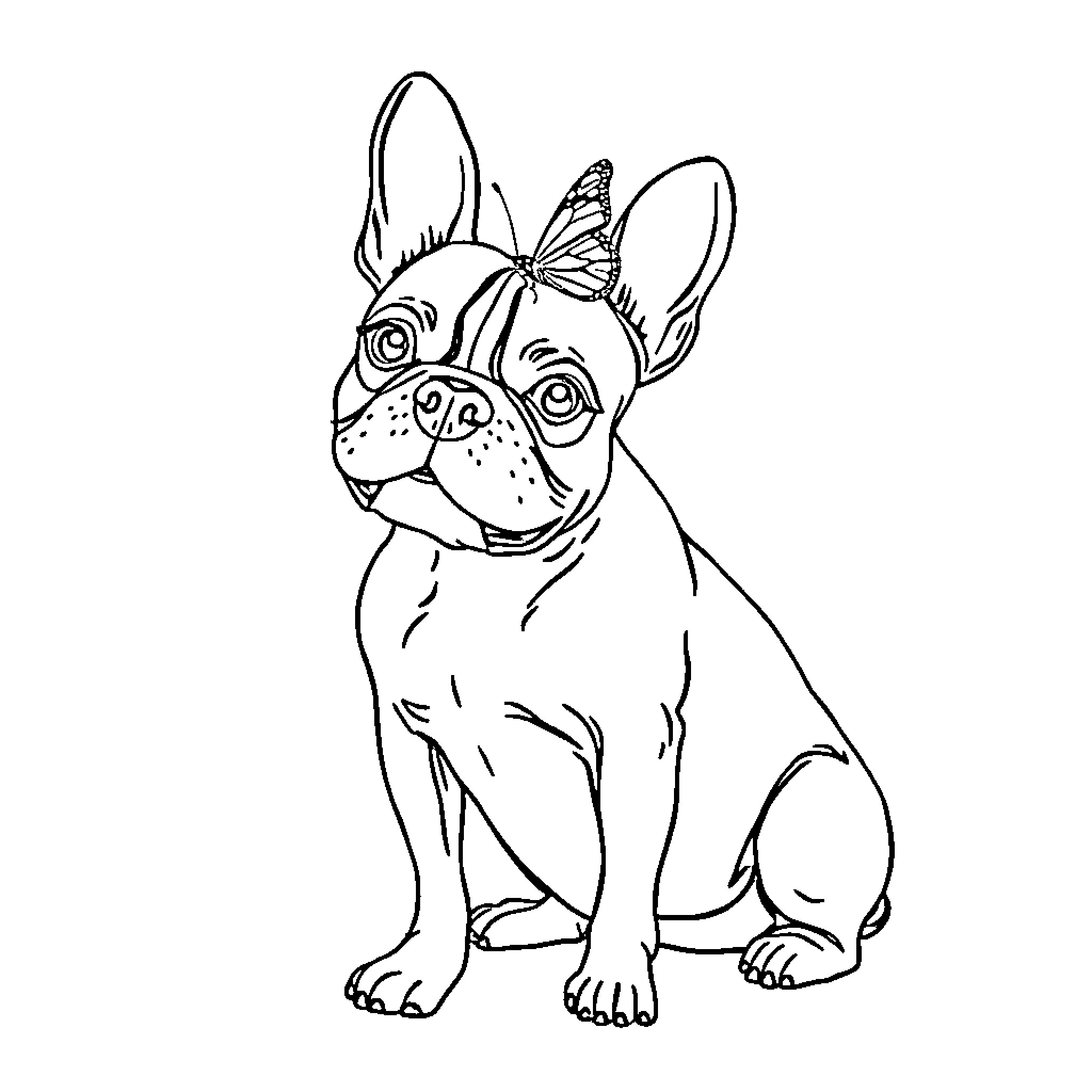 Boston Terrier wearing butterfly hat Coloring Page (free black-and-white line drawing printable PDF for all, from beginners to advanced learners, including children, teens, adults, and seniors)