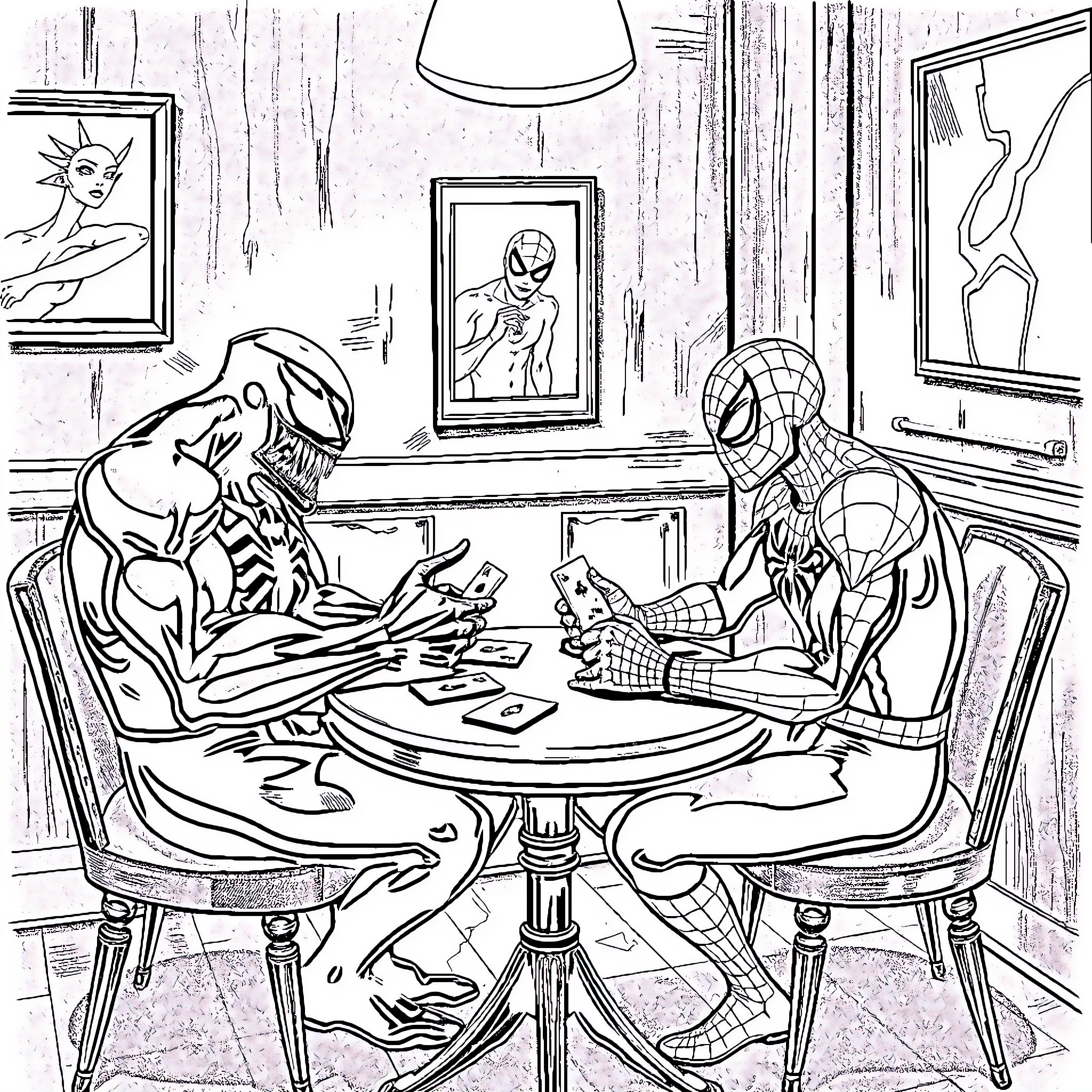 Venom and Spider-Man discussing plans in a cozy study Coloring Page (free black-and-white line drawing printable PDF for all, from beginners to advanced learners, including children, teens, adults, and seniors)