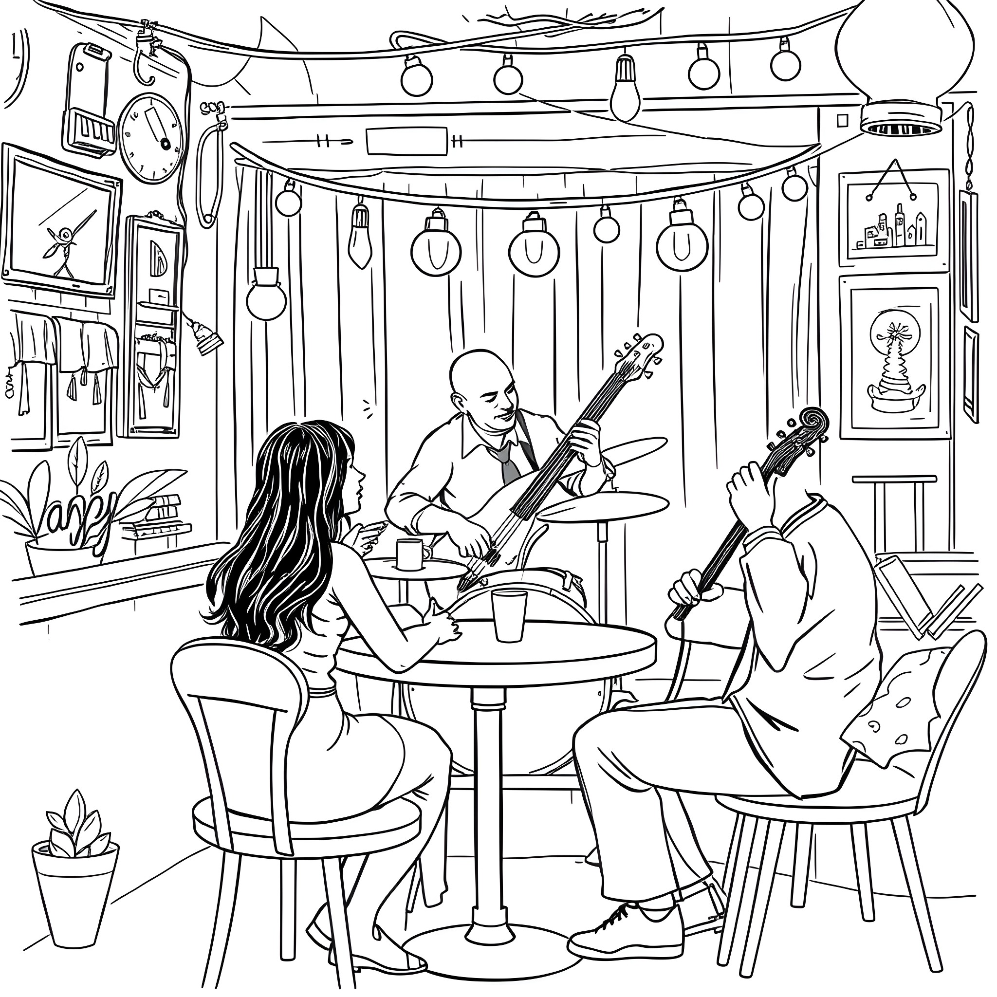 Jazz Café Musicians Performing for Audience Coloring Page (free black-and-white line drawing printable PDF for all, from beginners to advanced learners, including children, teens, adults, and seniors)