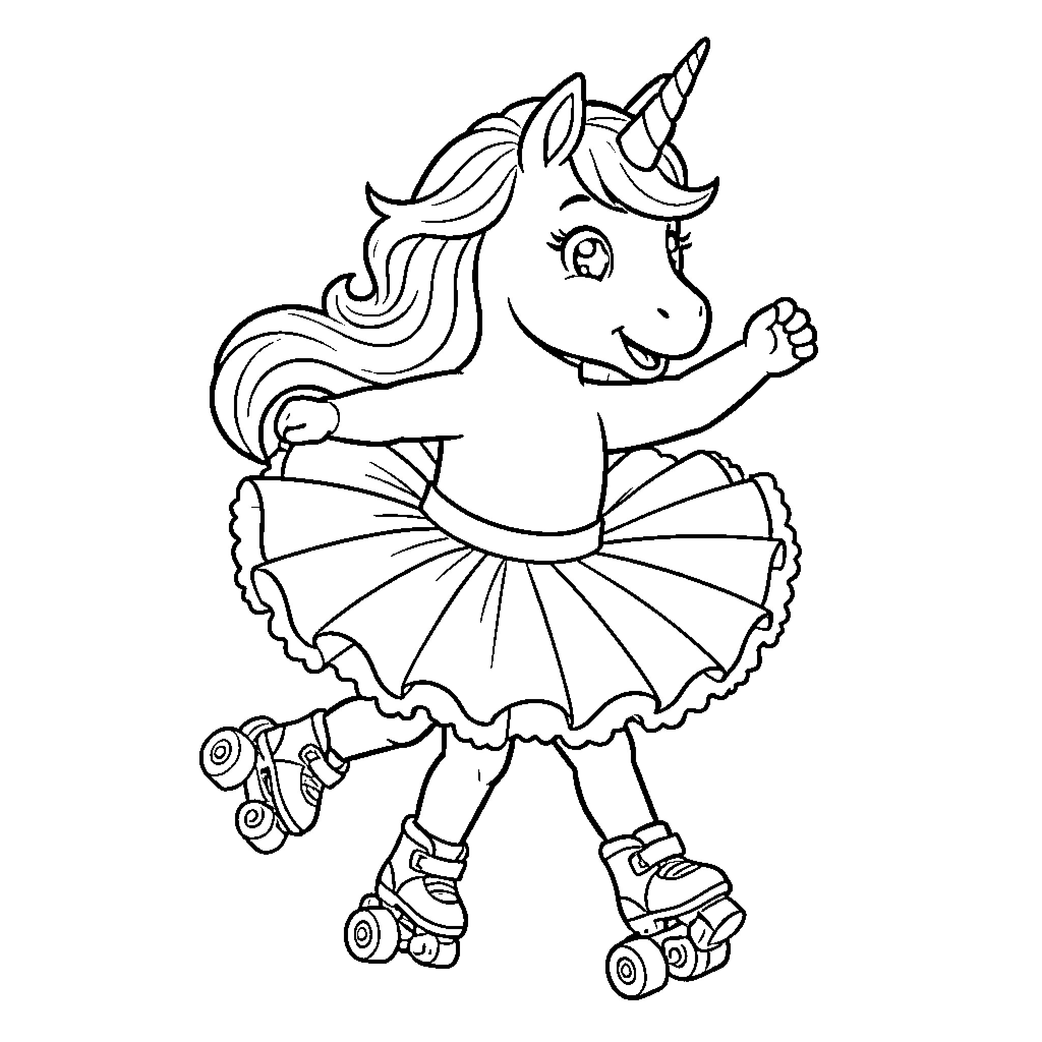 Unicorn riding roller skates and wearing a tutu Coloring Page (free black-and-white line drawing printable PDF for all, from beginners to advanced learners, including children, teens, adults, and seniors)