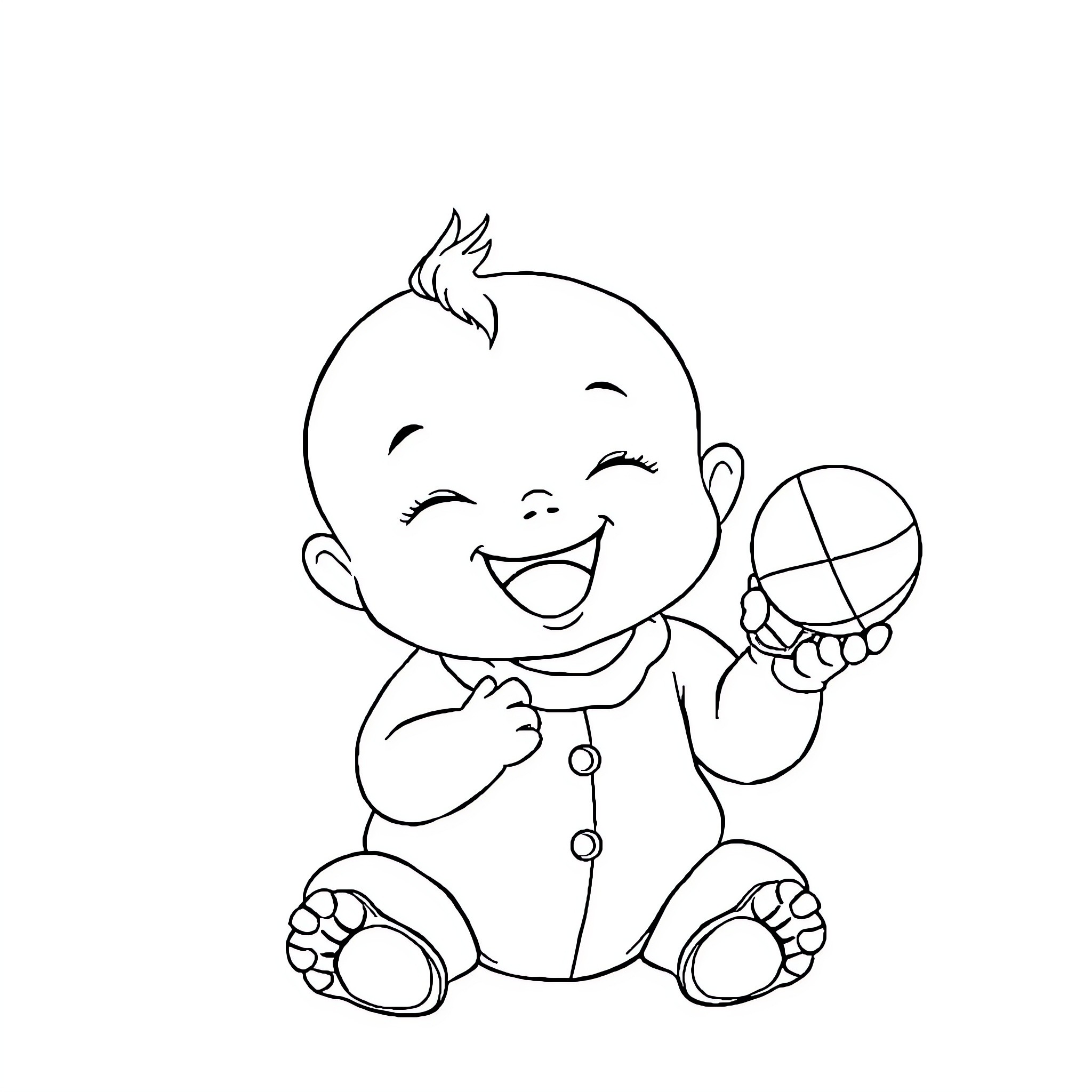 Baby playing happily with a ball Coloring Page (free black-and-white line drawing printable PDF for all, from beginners to advanced learners, including children, teens, adults, and seniors)