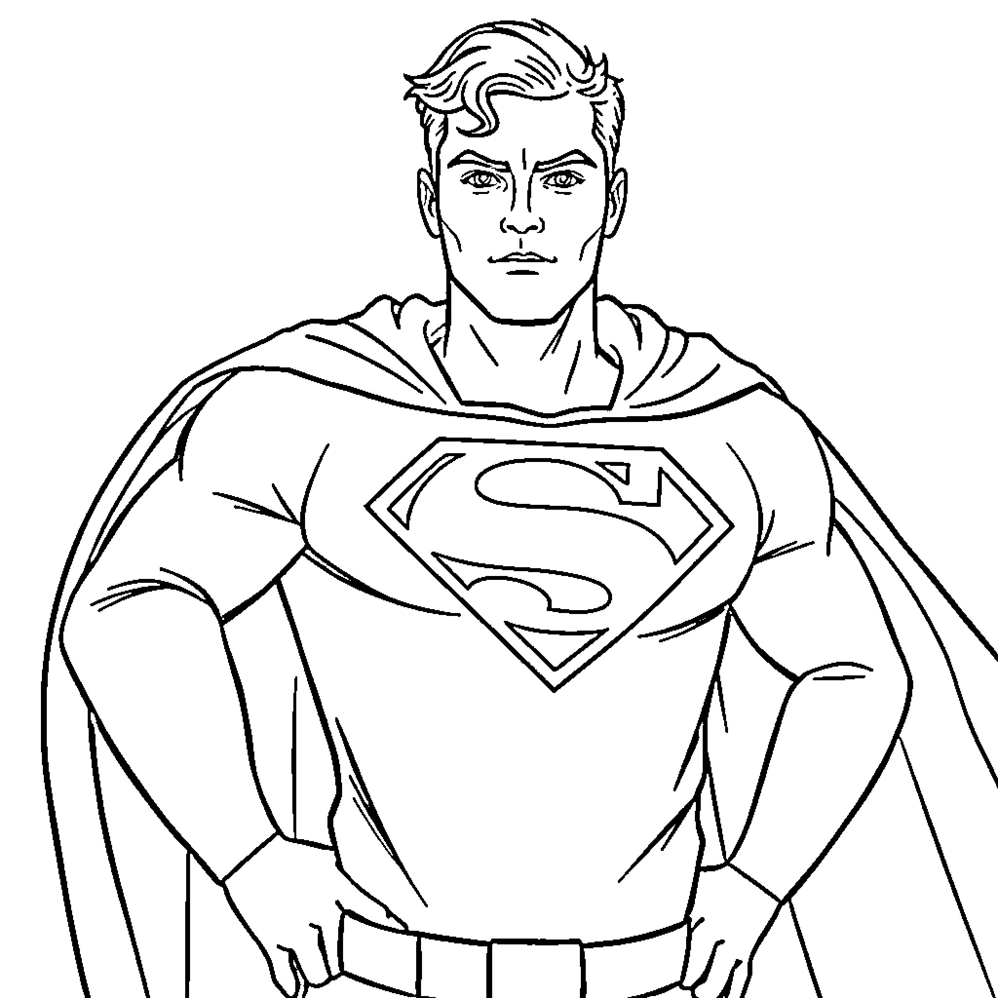 Superman standing tall and powerful Coloring Page (free black-and-white line drawing printable PDF for all, from beginners to advanced learners, including children, teens, adults, and seniors)