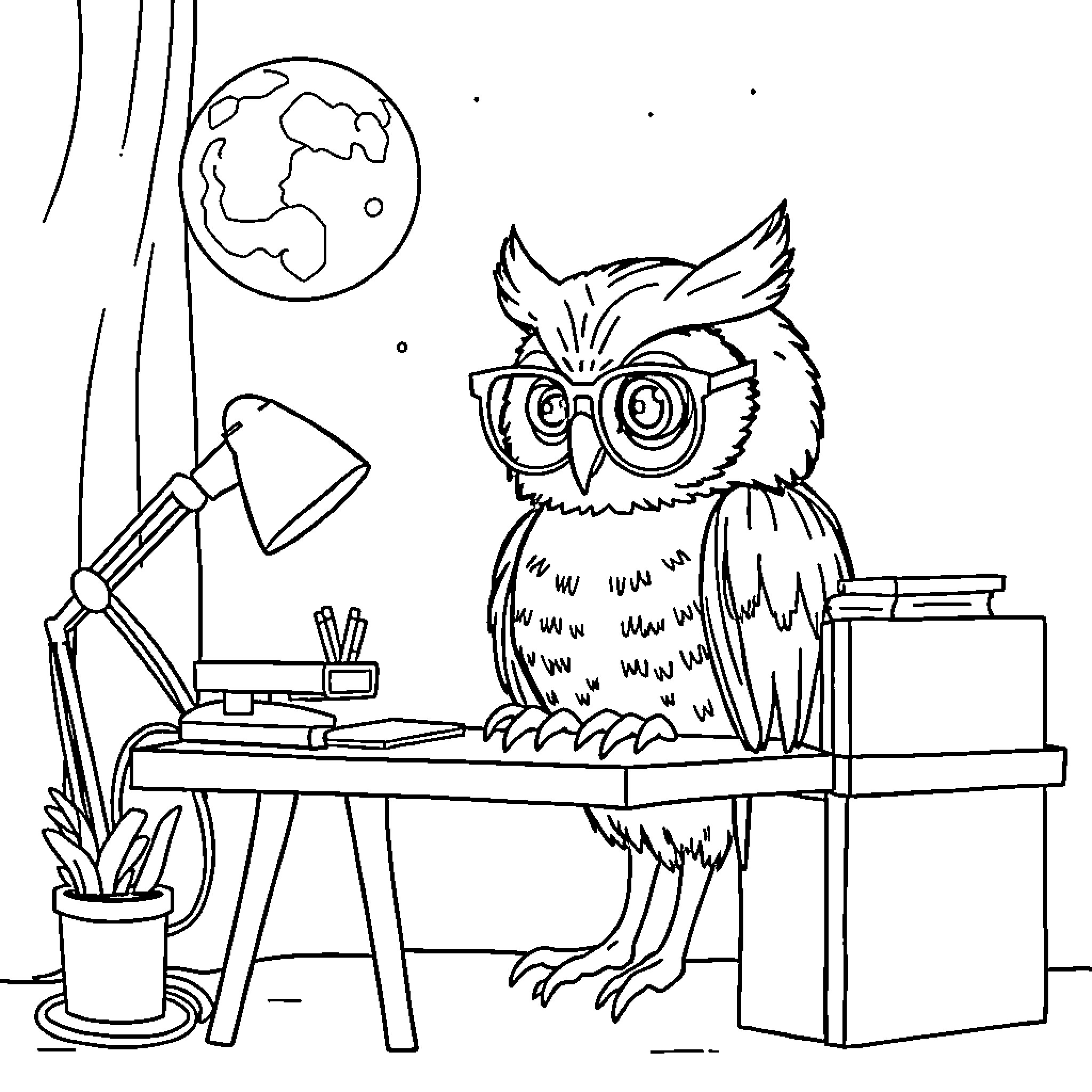 Owl studying at desk with books and globe Coloring Page (free black-and-white line drawing printable PDF for all, from beginners to advanced learners, including children, teens, adults, and seniors)