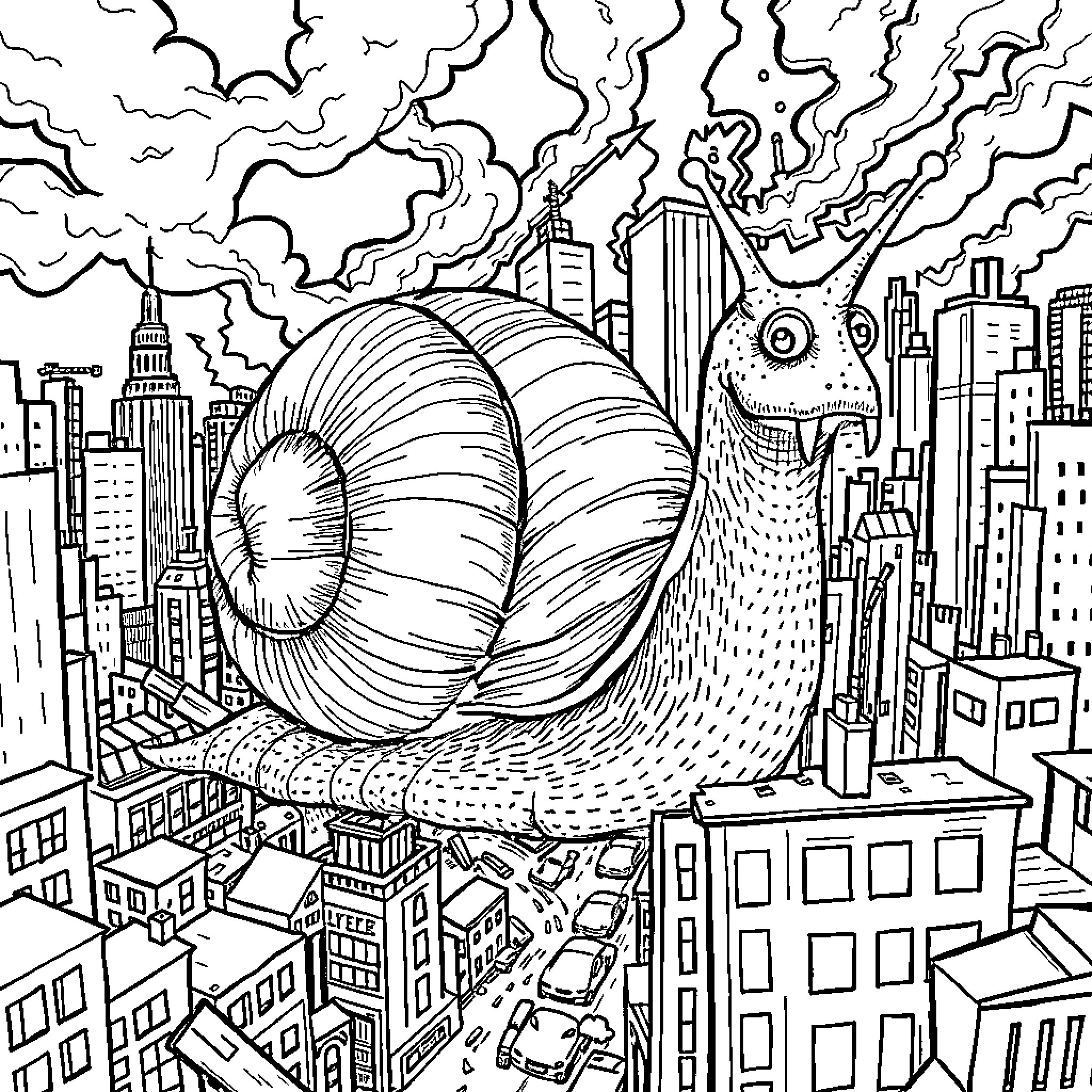 Snail's Surreal City Adventure Coloring Page (free black-and-white line drawing printable PDF for all, from beginners to advanced learners, including children, teens, adults, and seniors)
